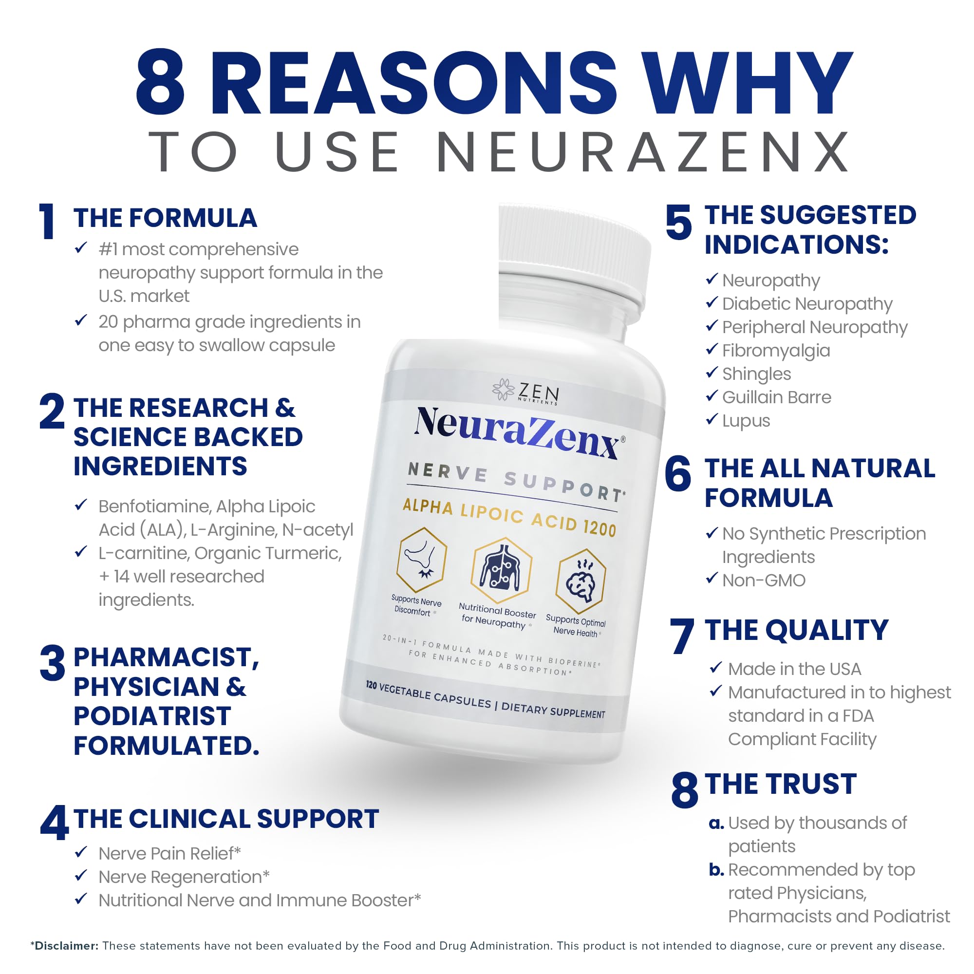 Zen Nutrients NeuraZenX Nerve Support & Peripheral Neuropathy Support Supplement with 1200mg Alpha Lipoic Acid (ALA), Benfotiamine, L-Carnitine, and Turmeric — Amazon image 3