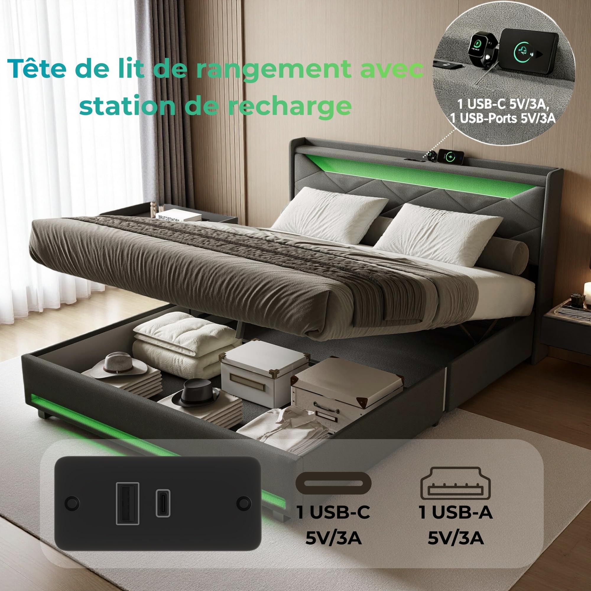Łóżko bagażowe 140 x 200 z hydraulicznym schowkiem, rama łóżka z diodami LED i USB, podwójne łóżko z listwami dla dorosłych i młodzieży, szary len (bez materaca)