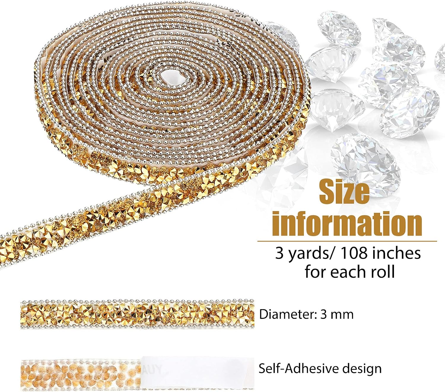 Hicarer 3 Yards Resin Rhinestone Ribbons for Graduation Cap Decorations Wedding Self Adhesive Glitter Resin Diamond Crystal Ribbon Craft DIY Bag Shoes Clothes(0.4 Inch,Gold Base with Yellow)