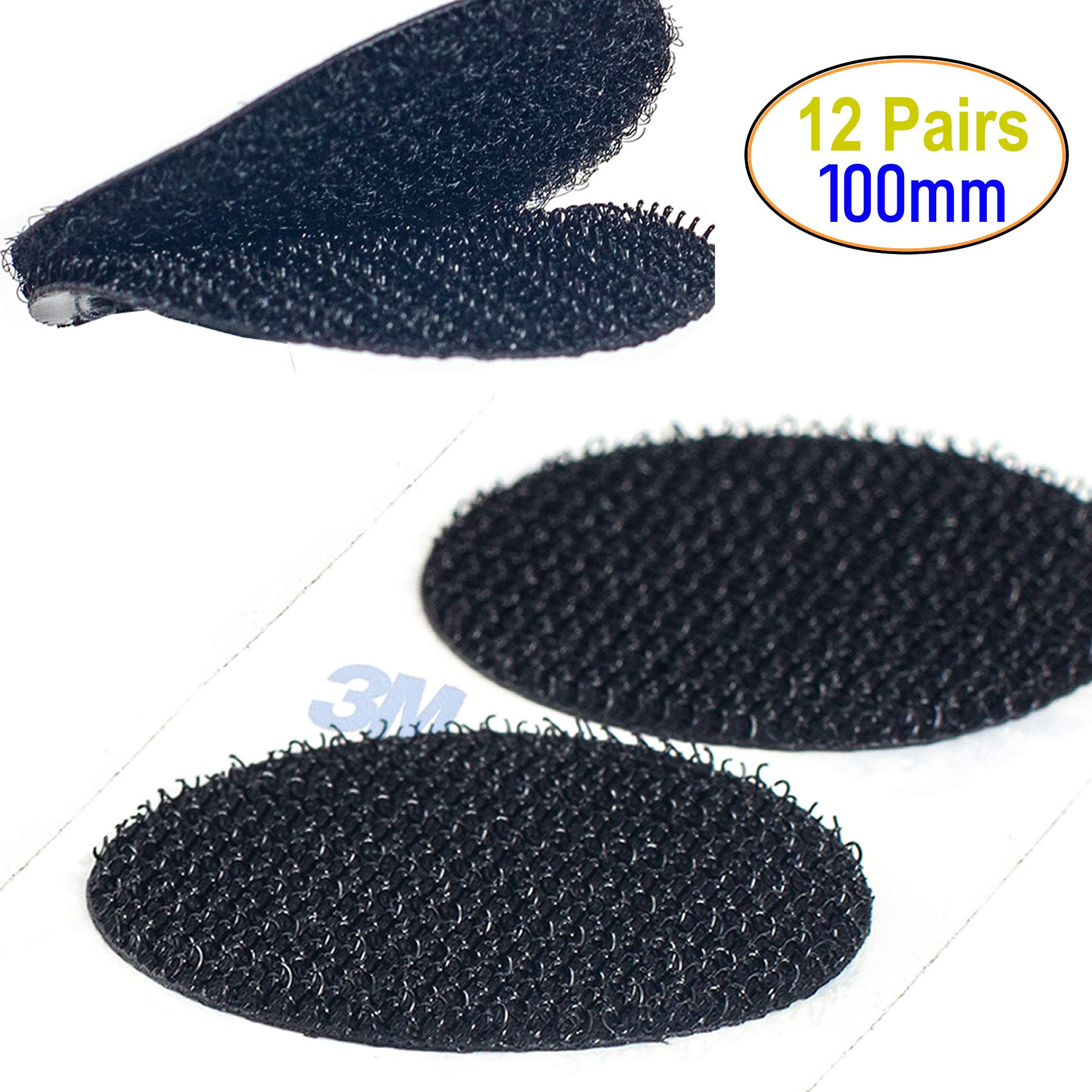 12 pares 100mm Almohadillas Adhesivas Extrafuerte 3M Adhesivo, Redondas de Montaje No Más Clavos, Doble Cara Sólida Ronda Gancho y Bucle Resistentes para Paredes Gafas Metales, Negro KXB5055