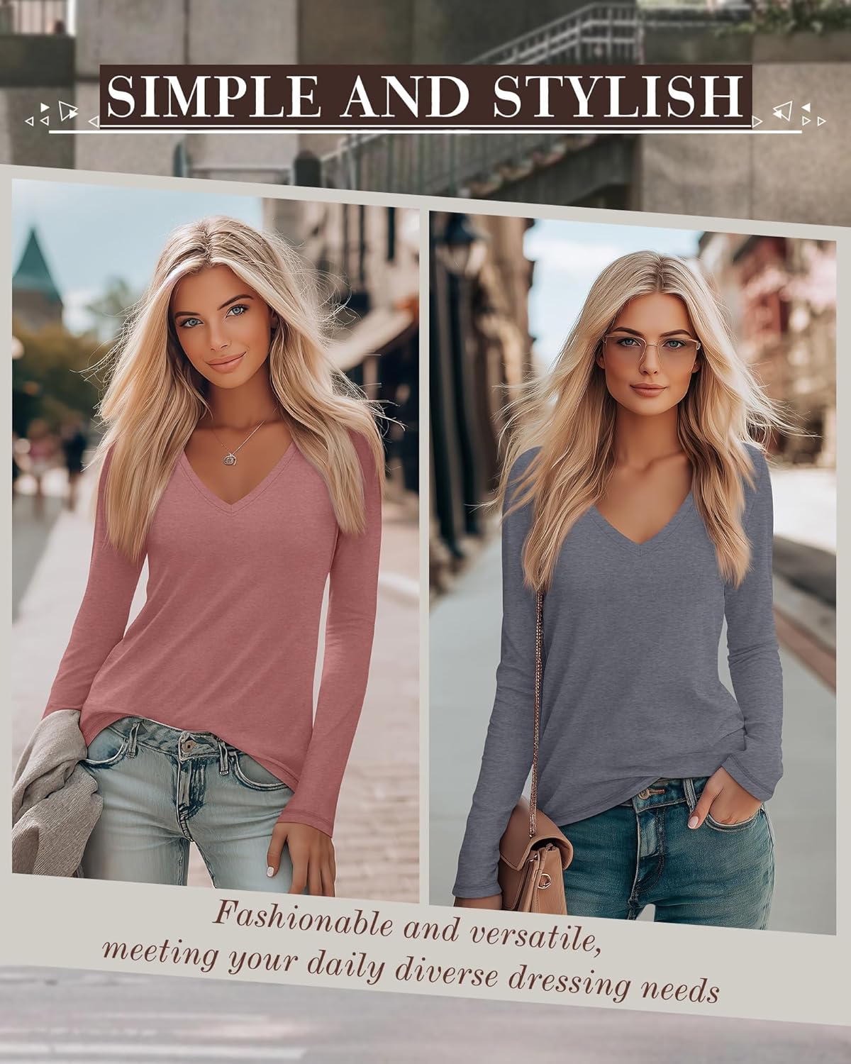 4 Pack Women's Long Sleeve V Neck Shirts, Casual Loose Fit Tees Basic Tunic Tops Trendy Fall T-Shirts Outfits - Image 4