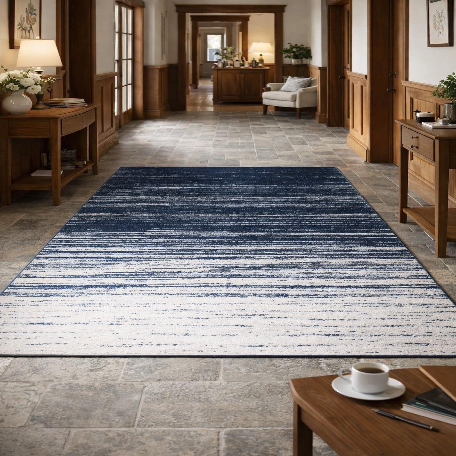Alfombra lavable para dormitorio y cocina azul Rururug antideslizante