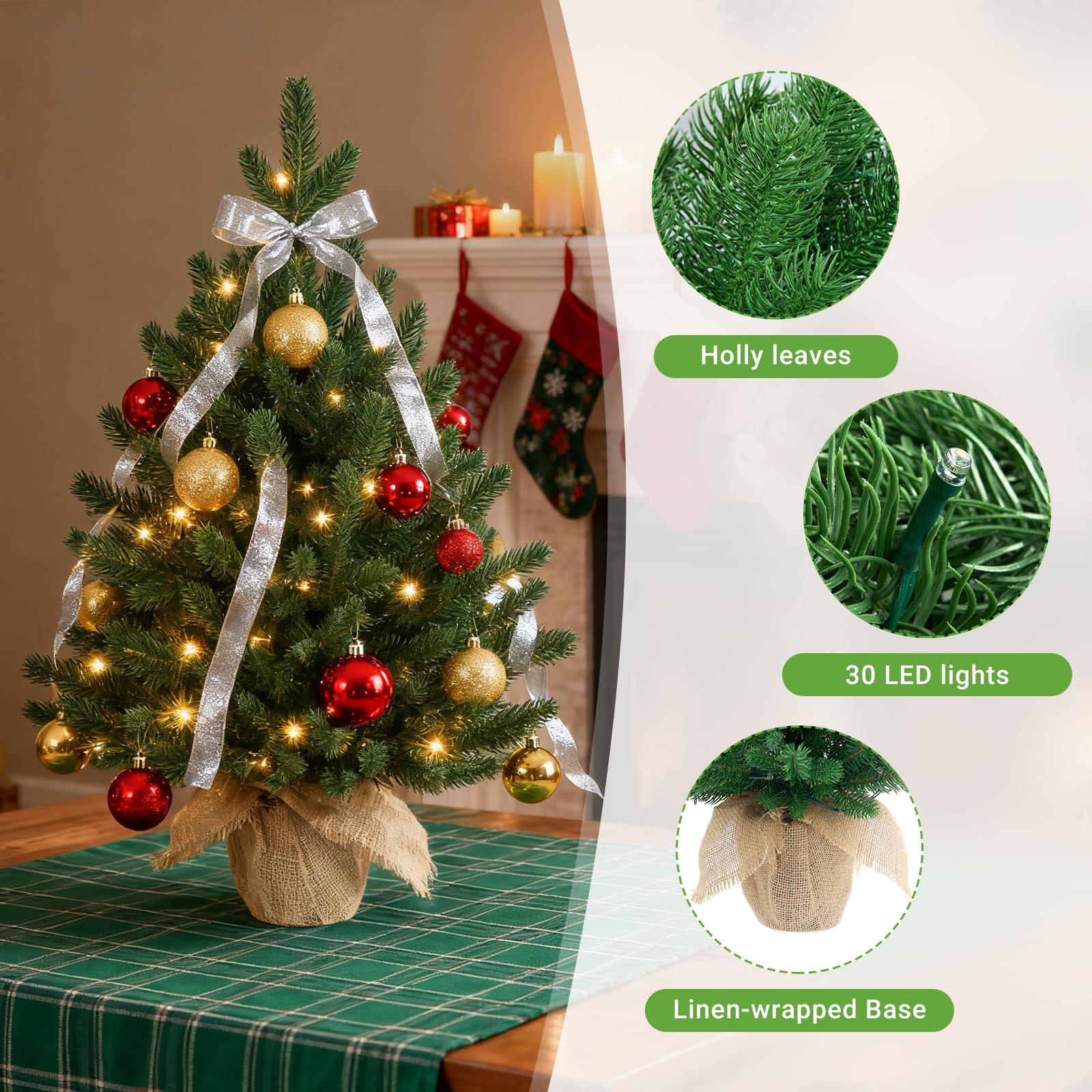 ELYKEN Mini sapin de Noël artificiel de 55,9 cm avec lumières LED, petite table, décorations de fête de Noël pour bureau, décoration d'intérieur
