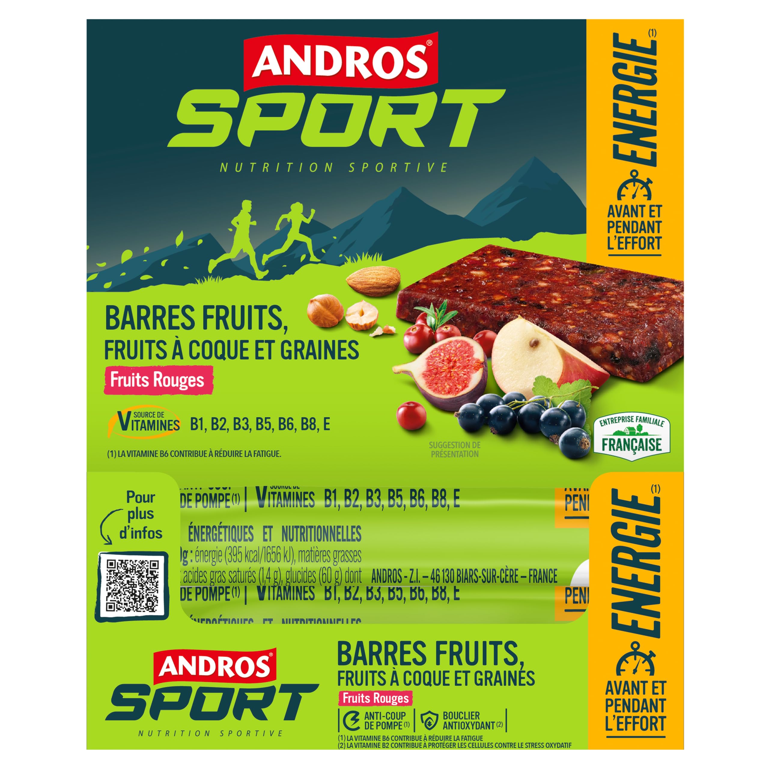 Andros Sport Barre Fruits Rouges - Source d'Energie Riche en Fruits - Avant et Pendant l'Effort - Encas Multivitaminé Sans Gluten - Lot de 16 barres individuelles de 40g