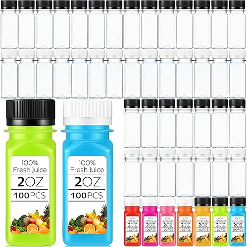 Miniatura 7 de 200 botellas pequeñas de plástico de 2 onzas para jugo, botella de jugo de jengibre con tapas, recipiente reutilizable transparente para bebidas con