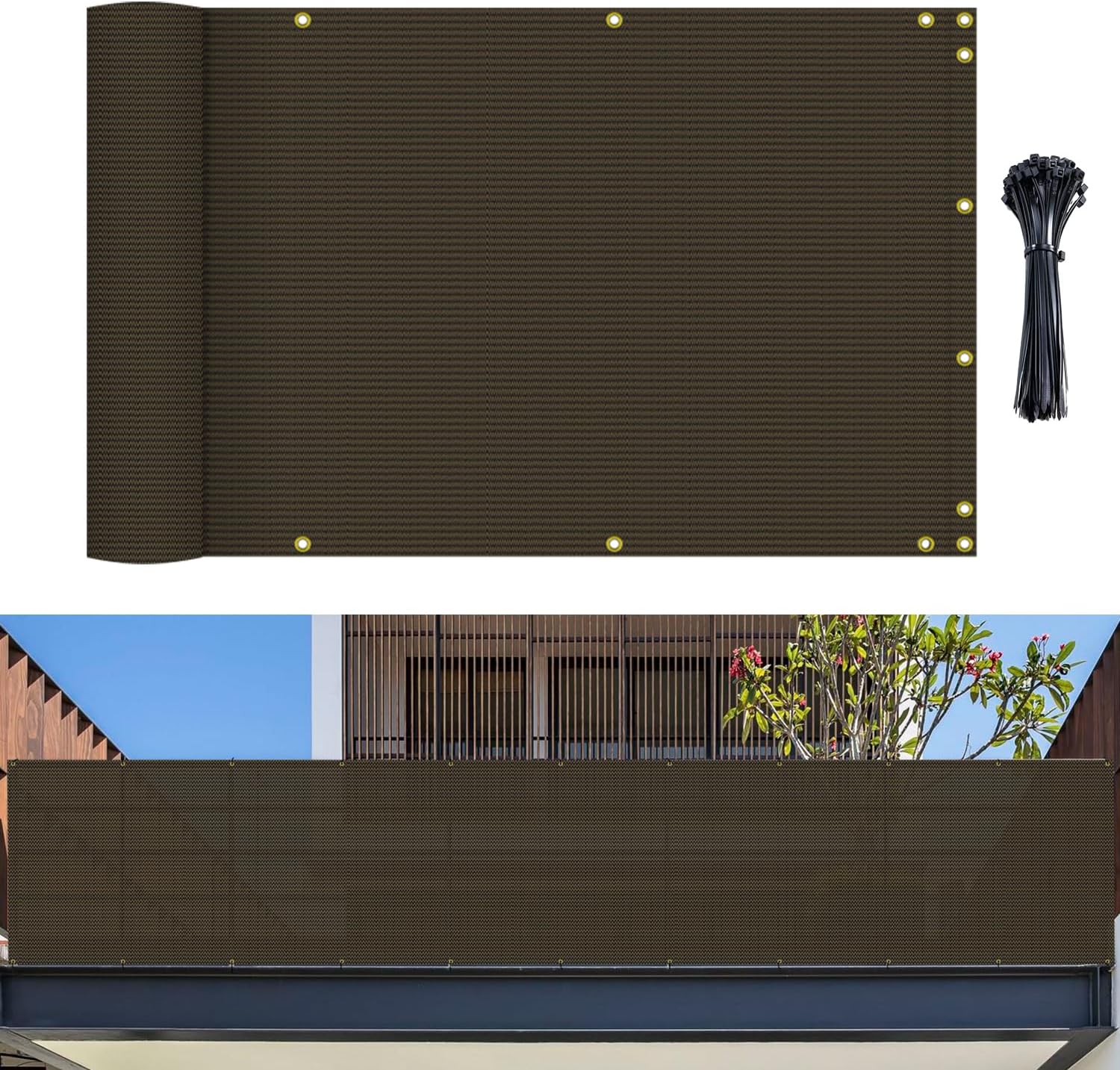 TANG Privacy Fence Screen – 95% Block, Brown HDPE, For Deck, Patio, Balcony & Yard