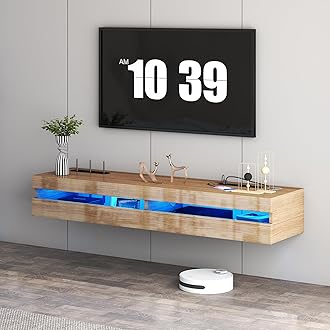 Floating TV Stand, Wall Mounted TV Shelf with Led Lights & Power Outlet, 46.5" Modern Entertainment Center Media Console with Storage, High Gloss TV Cabinet for 65/75/80 inch TV (Glossy Wood)