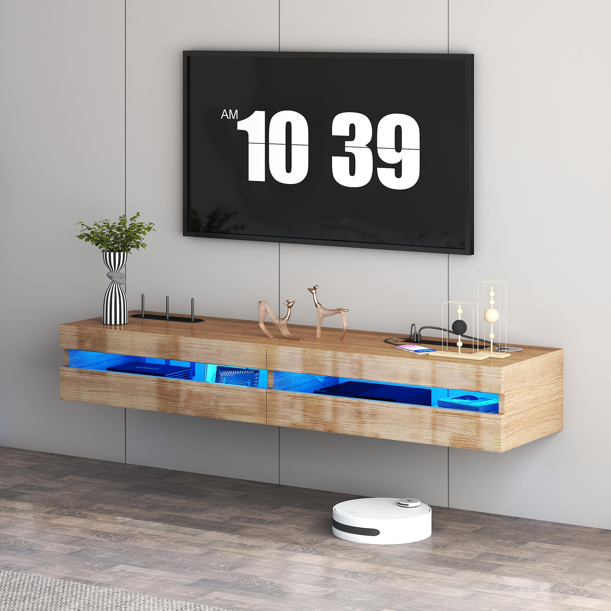 Floating TV Stand, Wall Mounted TV Shelf with Led Lights & Power Outlet, 46.5" Modern Entertainment Center Media Console with Storage, High Gloss TV Cabinet for 65/75/80 inch TV (Glossy Wood)