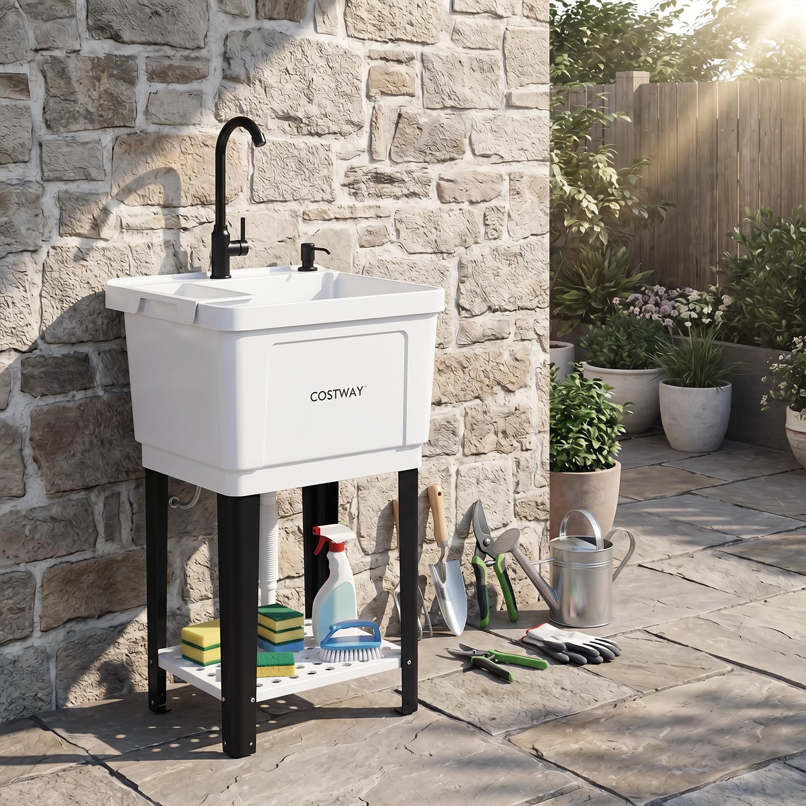 COSTWAY Ausgussbecken, Waschbecken mit Ablage, Abtropff & 360° Wasserhahn, inkl. Abflussgarnitur, Spülbecken für Garage Garten Waschküche, Küchenspüle aus Kunststoff Metall, 50,5 x 48 x 120,5 cm, Weiß