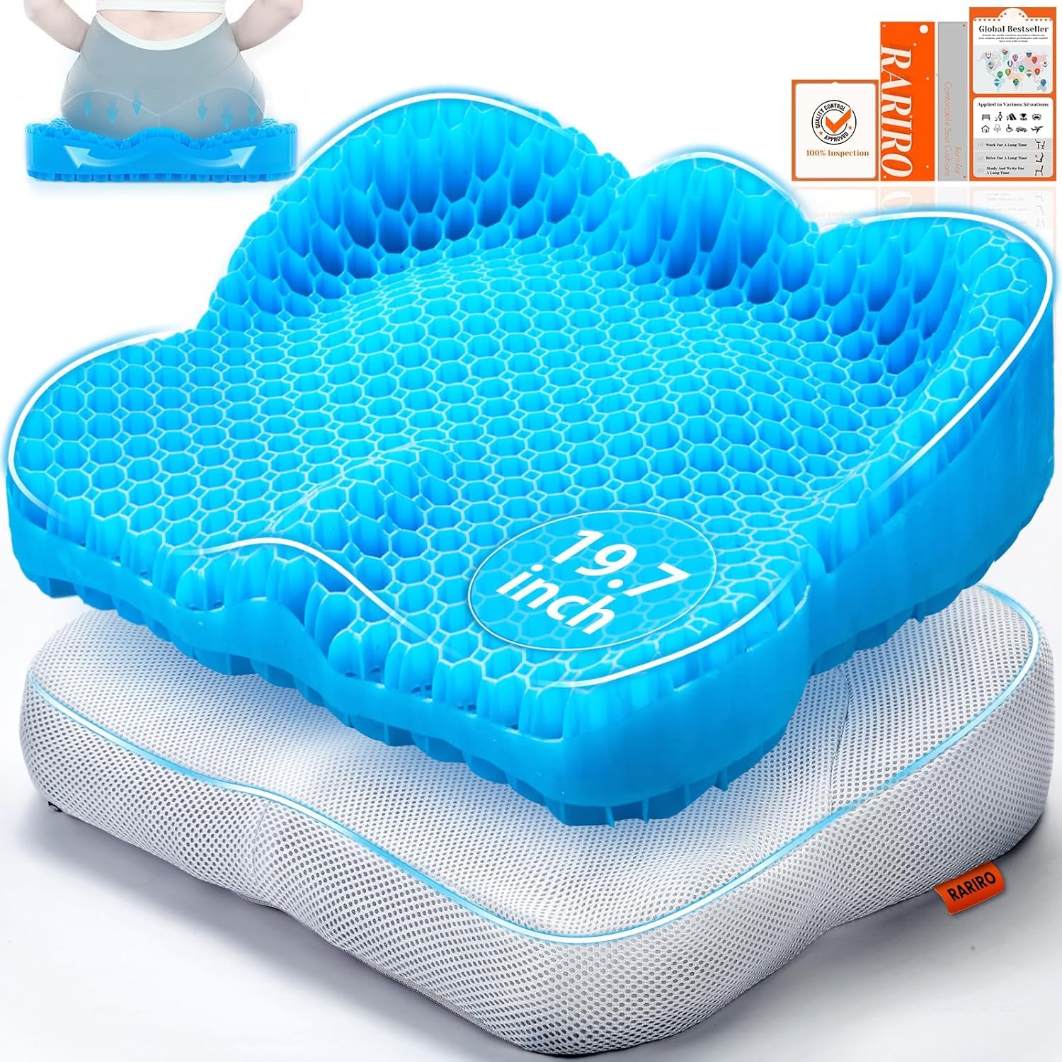 Extra19.7" Breathable Gel Seat Cushion, Wheelchair Relief for Long Sitting