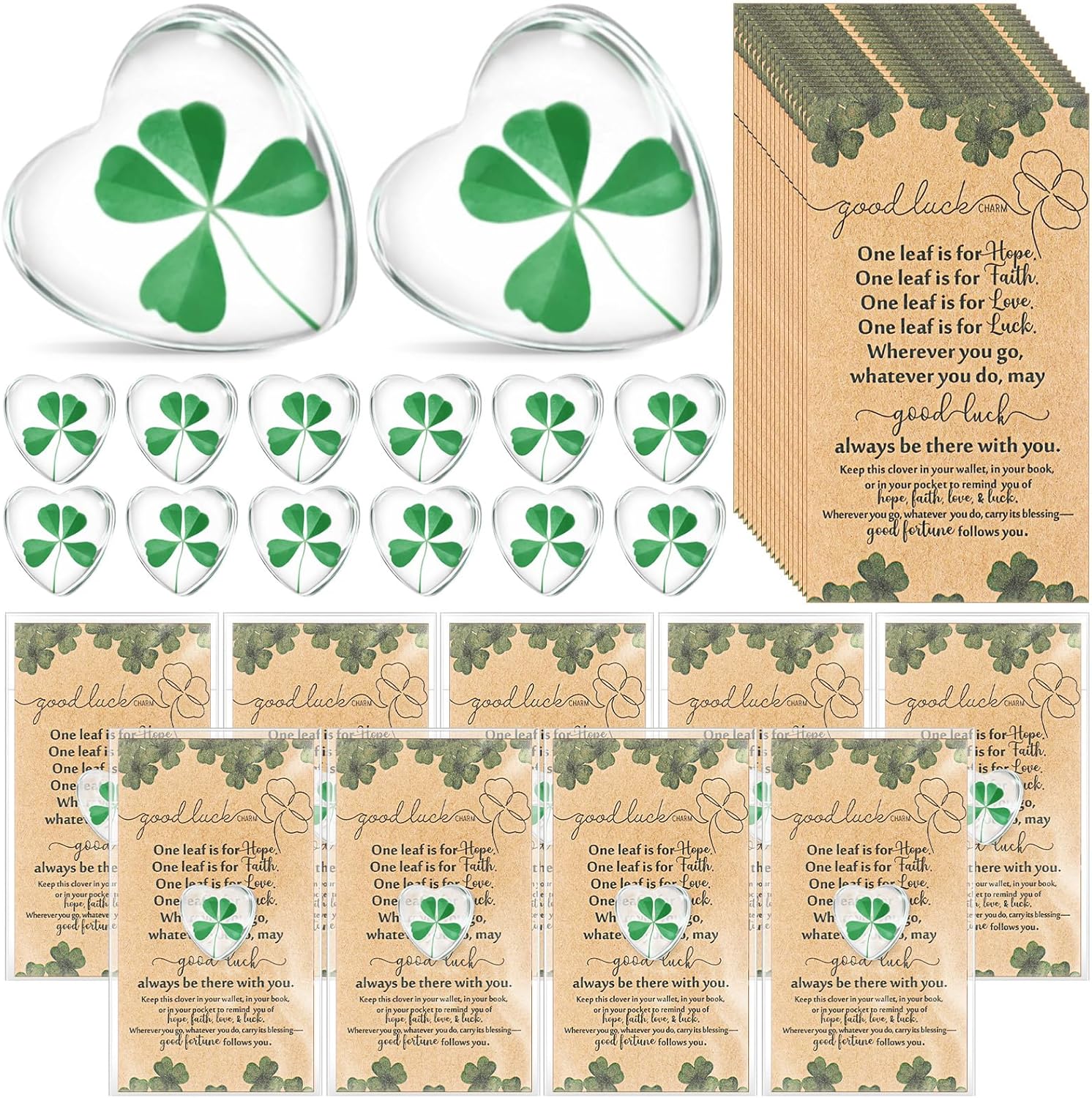 Cunno 50 Sets Leaf Glass Token, Good Luck Charms Bulk with Irish Greeting Cards & Bags, Heart-shaped Leaf Keepsakes for Family Employee Friends Coworkers Holiday Gifts