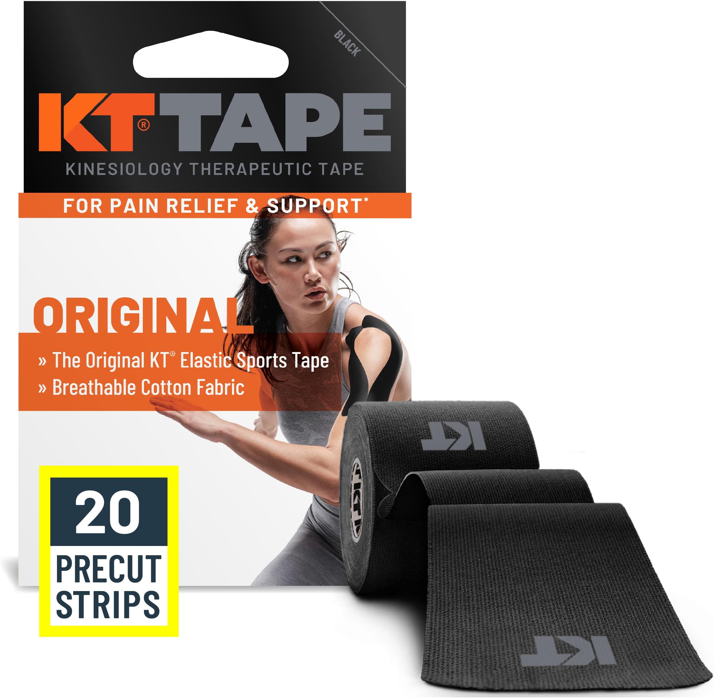 KT Tape, Original Cotton, Elastic Kinesiology Tape, Everyday Muscle and Joint Support, Daily Pain Relief, 20 Count, 10” Precut Strips, Black