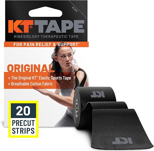 KT Tape Original Cotton, Elastic Kinesiology Tape, Everyday Muscle and Joint Support, Daily Pain Relief, 20 Count, 10” Precut Strips, Black