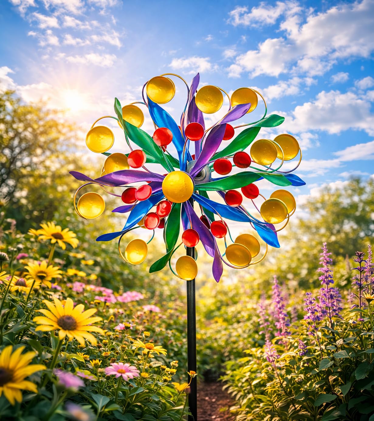 formano Girandola a vento con cerchi colorati da giardino, in metallo, ali colorate con cuscinetti a sfera, Ø 30/123 cm, mulino a vento con robusto spiedino da giardino, resistente alle intemperie