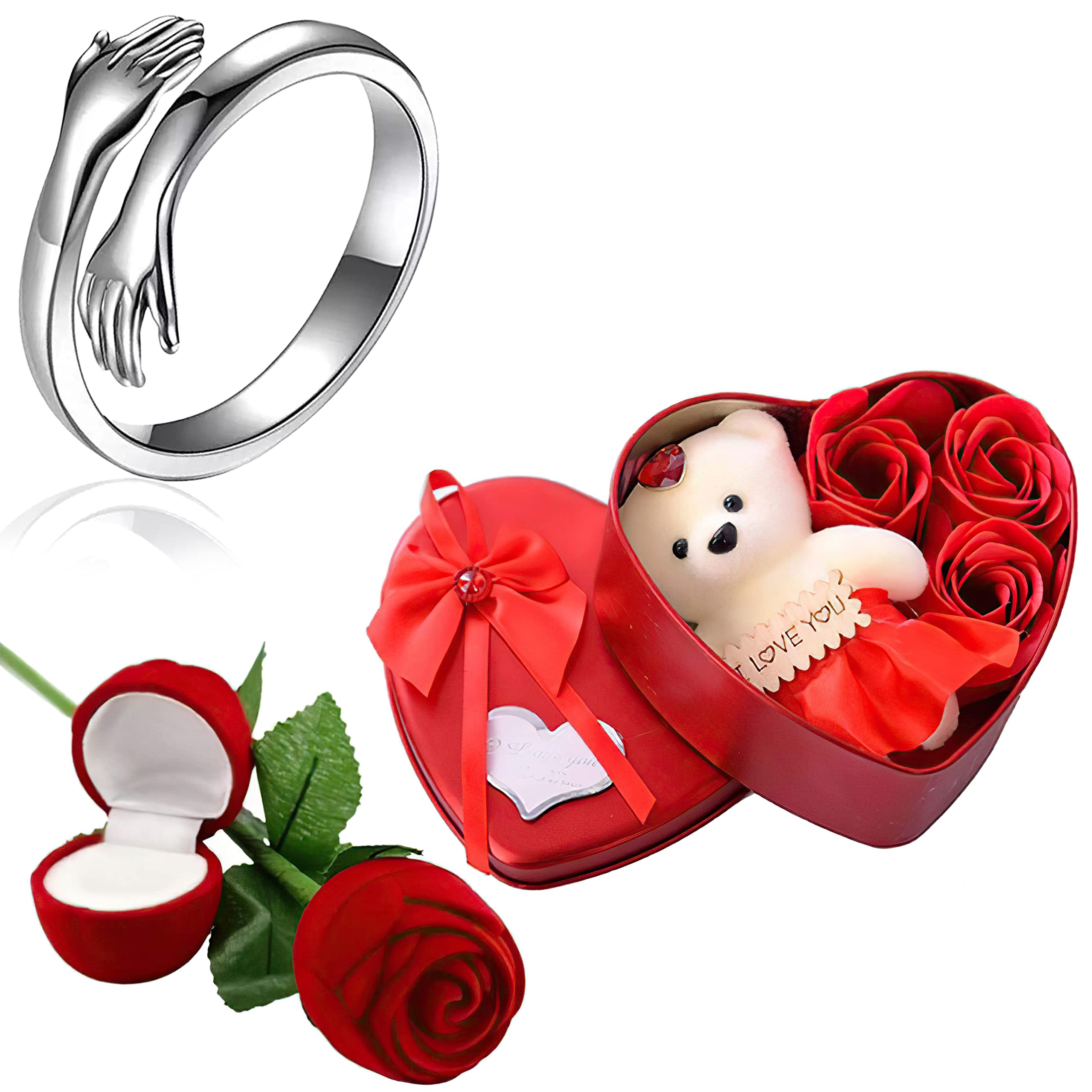 Fashion Frill Valentine Gift For Girlfriend Silver Hug Ring For Women Red Rose Ring For Women Girls Love Gifts Ring Box & Heartbox with Teddy Gift For Wife Girlfriend (B0BSC37HBY) Amazon Price History, Amazon Price Tracker