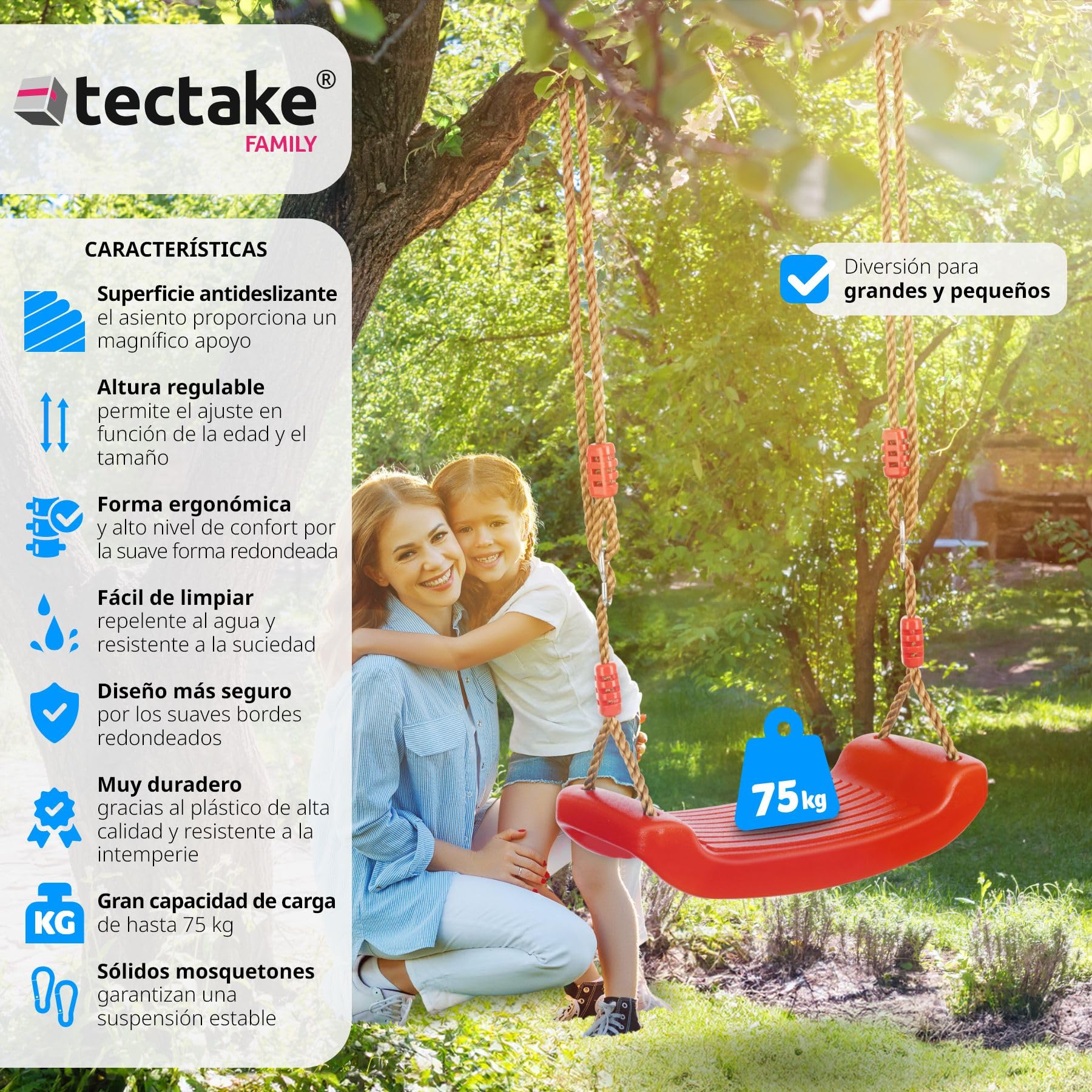 Tectake Columpio de jardín para zona de juegos al aire libre Nuestro interior para niños y adultos con cuerda oscilante y mosquetones y superficie antideslizante, Max. 75 kg