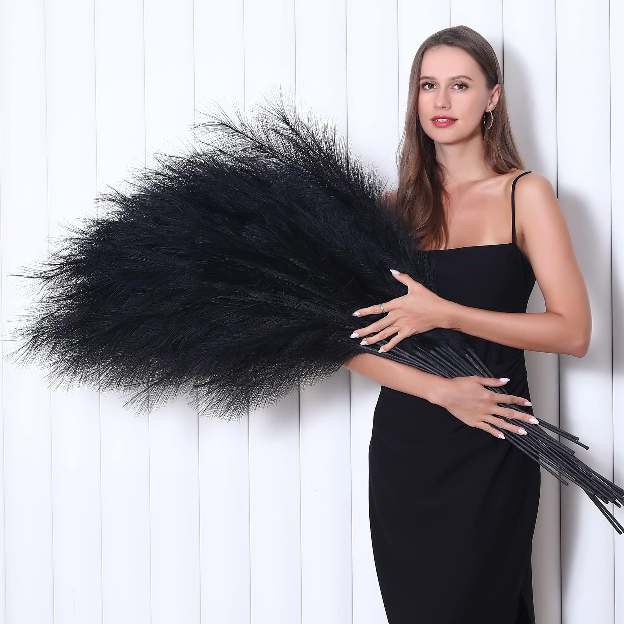 Wertuirk 8 Pcs 45 inch Tall Faux Pampas Grass Decor, Large Artificial Black Pompous Grass Bulk, Long Fake Pompas for Floor Vase Filler, Wedding, Baby Shower, Home and Boho Decor (Black)