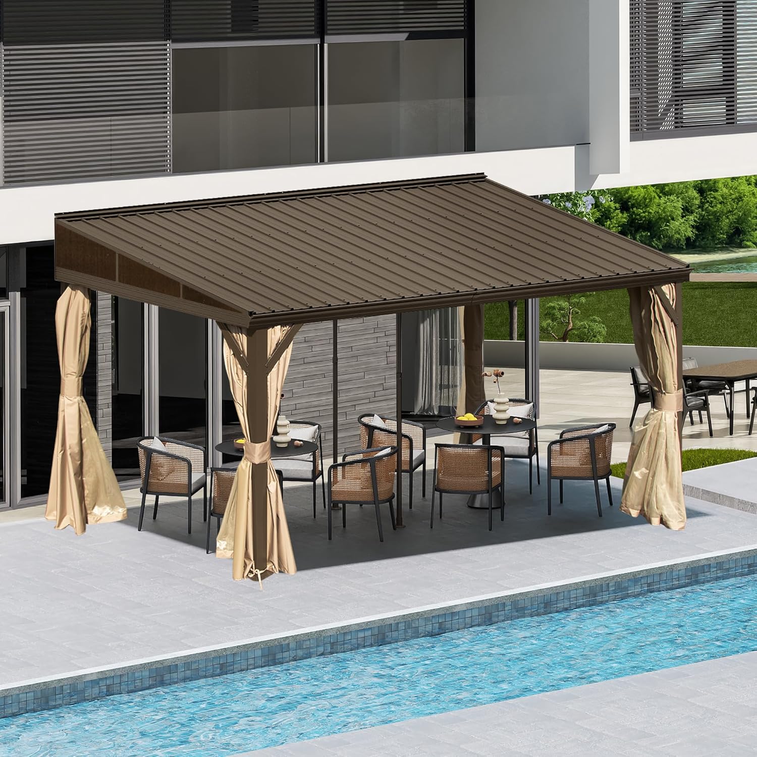 Domi 10x14FT Lean to Gazebo, Outdoor Hardtop Wall Mounted Heavy Duty Canopy with Sloping Galvanized Steel Roof, Aluminum Frame Mounted Gazebo, Netting and Curtain Included for Deck, Porch, Backyard