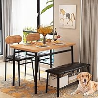 Vista 3 de Juego de mesa de comedor para 4, mesa de cocina con banco y sillas, banco de reunión industrial con marco de metal y estante de almacenamiento