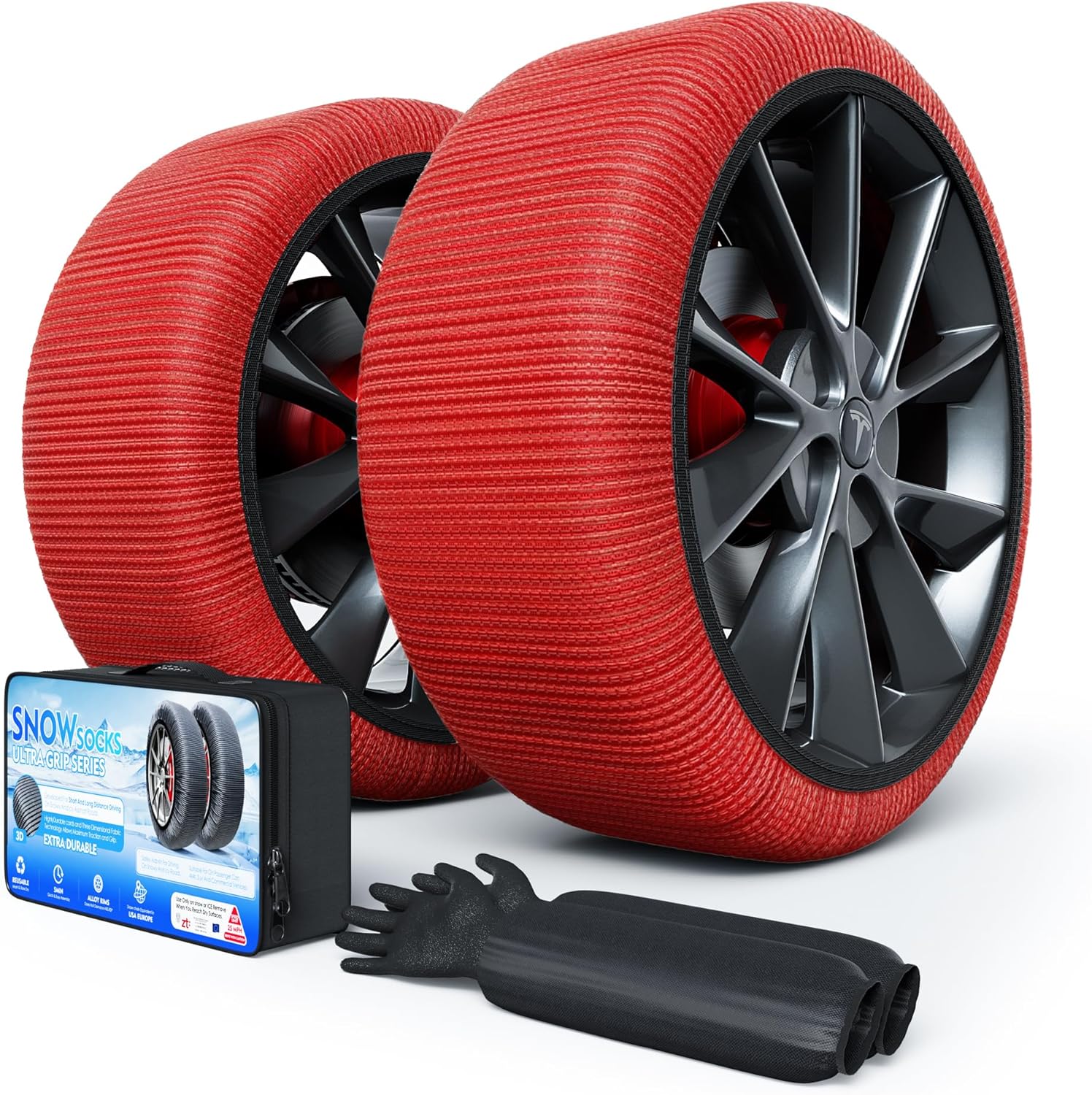 Snow Socks for Tires, Winter Traction Alternative to Snow Chains, Emergency Anti-Slip Tire Covers for Cars/SUVs/Trucks, Reusable, Certified Snow Traction Device for Ice & Snow Driving.(Red -L)