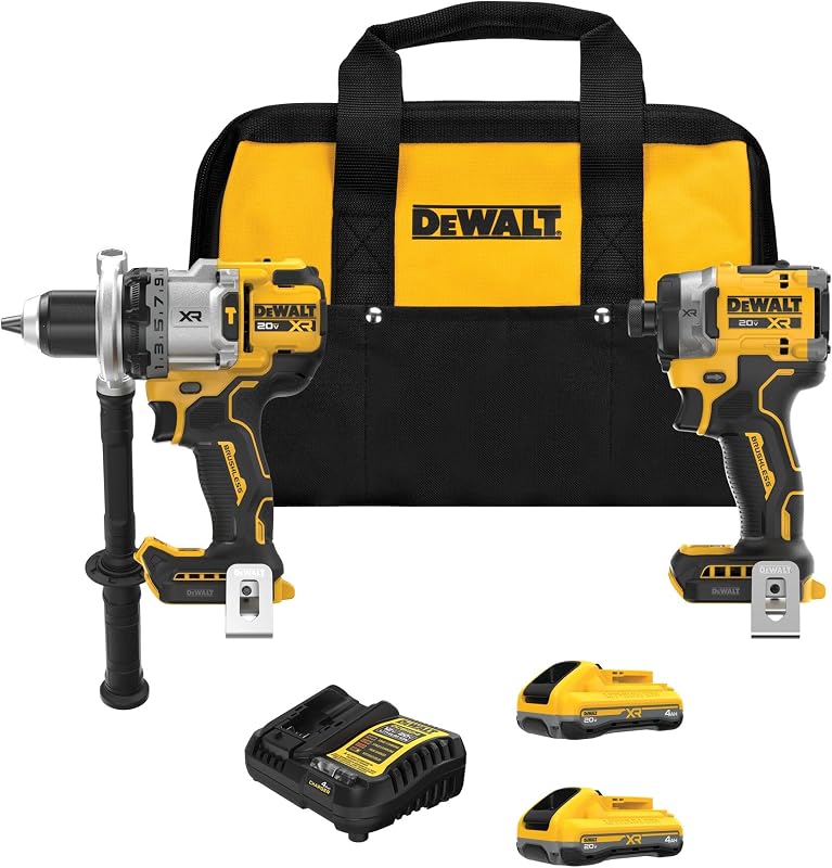 Taladro percutor sin escobillas XR de 1/2 pulgada y alto par de torsión DEWALT 20 V MÁX. Combinación de destornillador de impacto de 1/4 con 2 baterías de 4 Ah y cargador de 4 amperios (DCK2112QQ2)