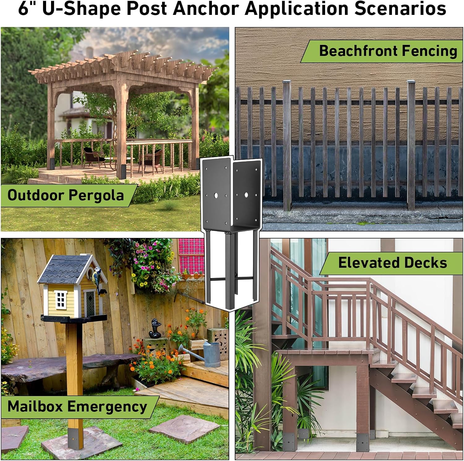 Heavy Duty 4x4 Post Anchor 4-Pack - U Shape Fence Post Base for Wet Concrete Installation, 14" Ground Spike Bracket for Fence, Deck, Pergola, Railing, Mailbox- Fits for 4x4 Wood (Inner Dia 3.6"x3.6")