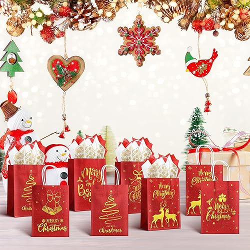 Miniatura 7 de Bolsas de regalo de Navidad, 24 unidades, bolsas de Navidad con purpurina roja para regalos con papel de seda, 6 estilos de bolsas de regalo de