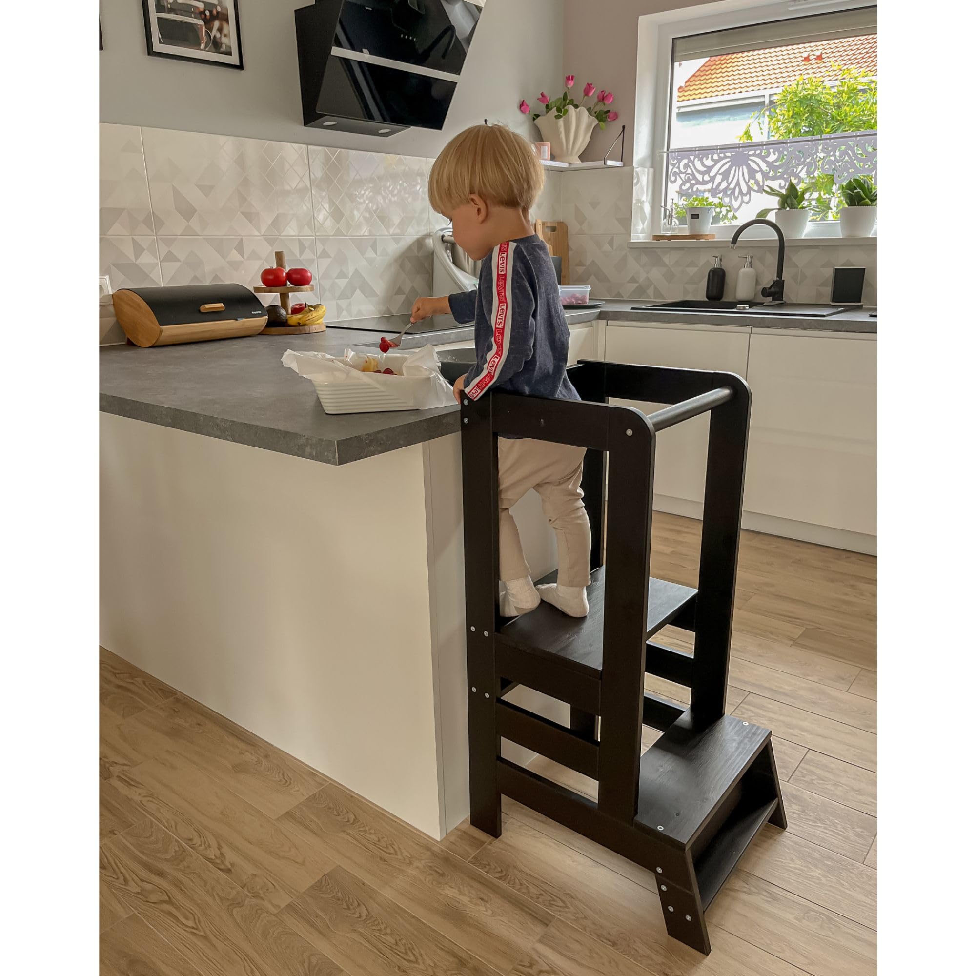 MEOWBABY Lernturm – Höhenverstellbarer Montessori Learning Tower für Kinder – Lernturm ab 1 Jahr – Sicherer Kinder Tritthocker – Holz Küchenhelfer für Küche & Alltag, Schwarz