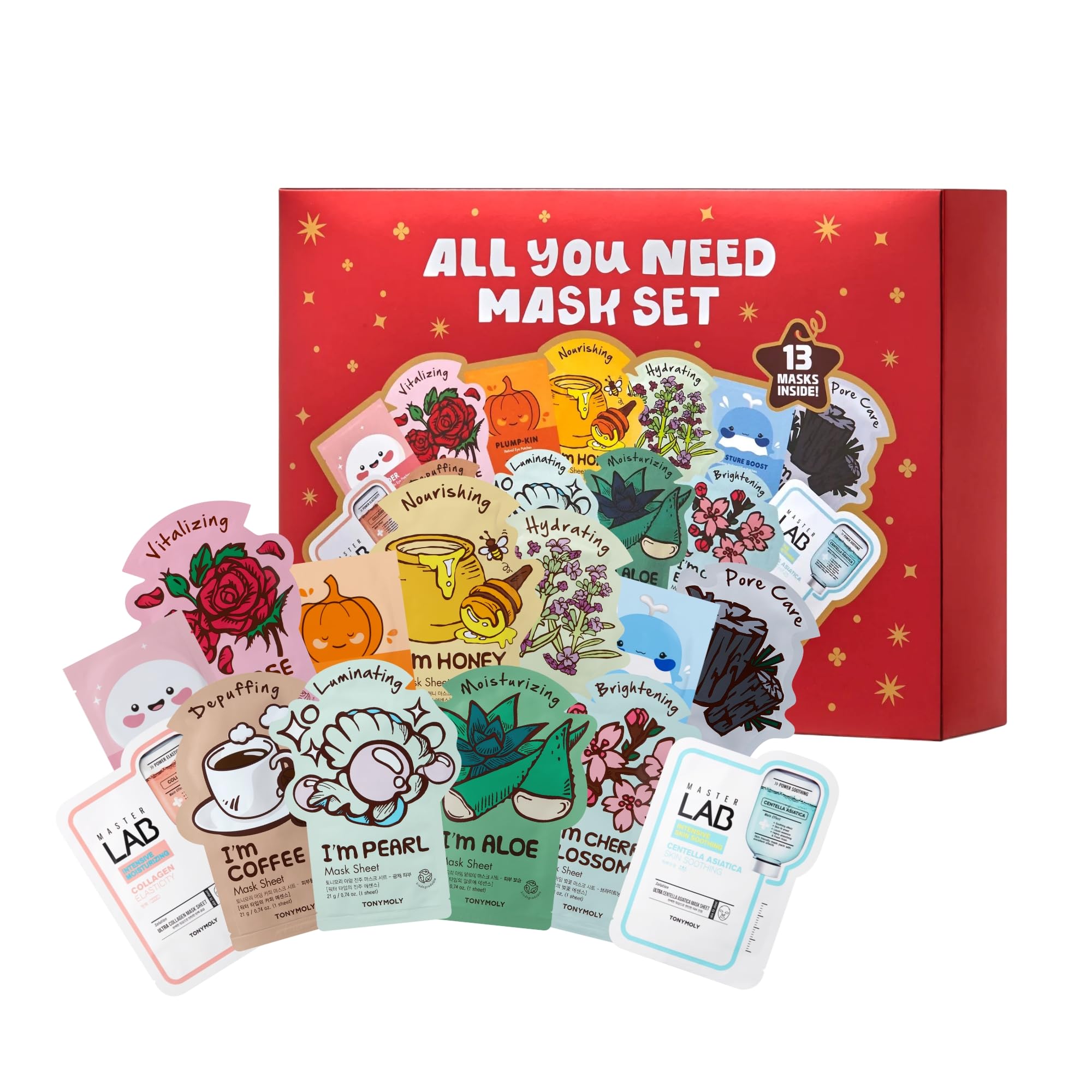 TONYMOLY All You Need Mask Set - 13-Piece Face Mask Set with 10 Hydrating Sheet Masks & 3 Eye Masks for All Skin Types, Skincare Variety Pack, Paraben-Free, Travel Size