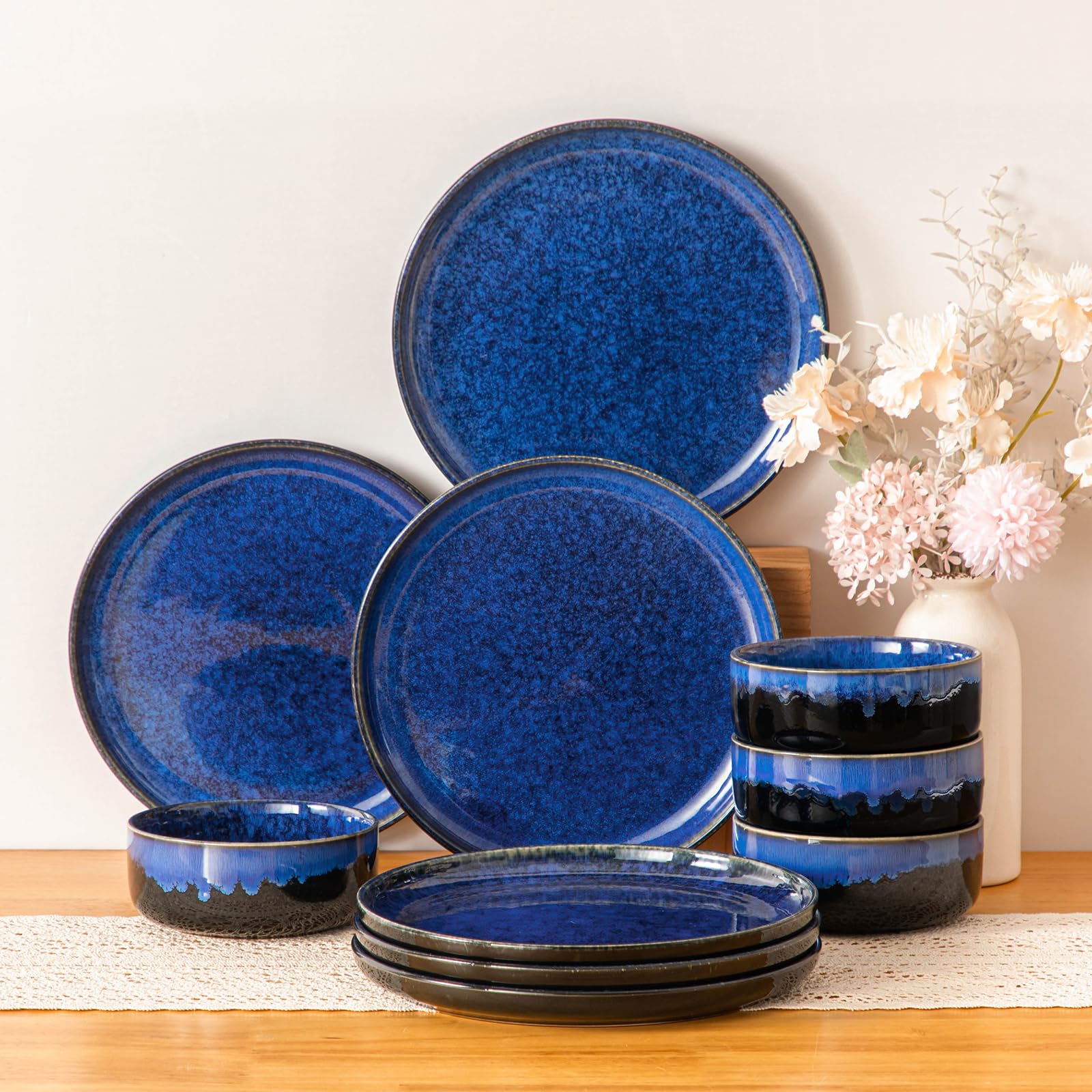 vancasso STARRY Set de 6 Platos Llanos, Platos de Ensalada de 26 cm, Platos de Desayuno de Gres, Juego de Platos de Cena para Cocina, Apto para Lavavajillas y Microondas, Esmalte Reactivo Azul