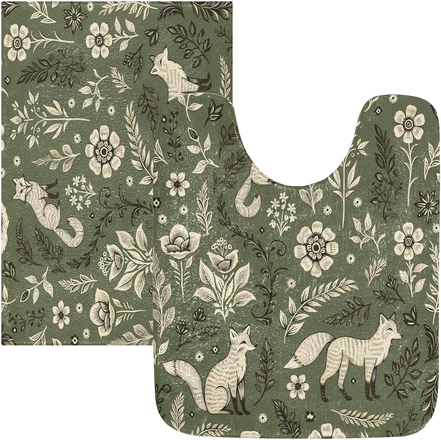 Fox & Floral Print Bathroom Rug Set 2PCS, Soft Fluffy Non-Slip Absorbent Bath Mat and U-Shaped Toilet Rug (24" x 20" + 24" x 16")