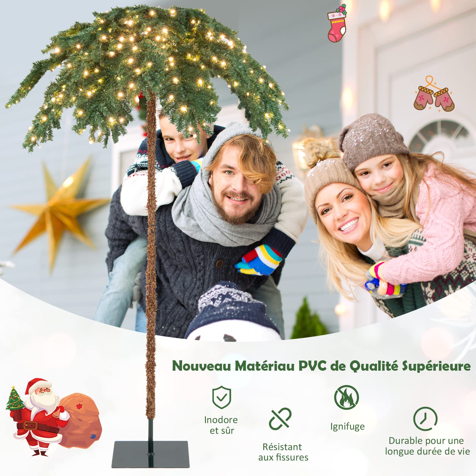 COSTWAY Sapin de Noël Artificiel de 180 cm, Palmier de Noël Pré-Illuminé avec 250 Lumières LED Blanc Chaud, 813 Branches, Structure à Charnière, Support, pour Porche, Maison