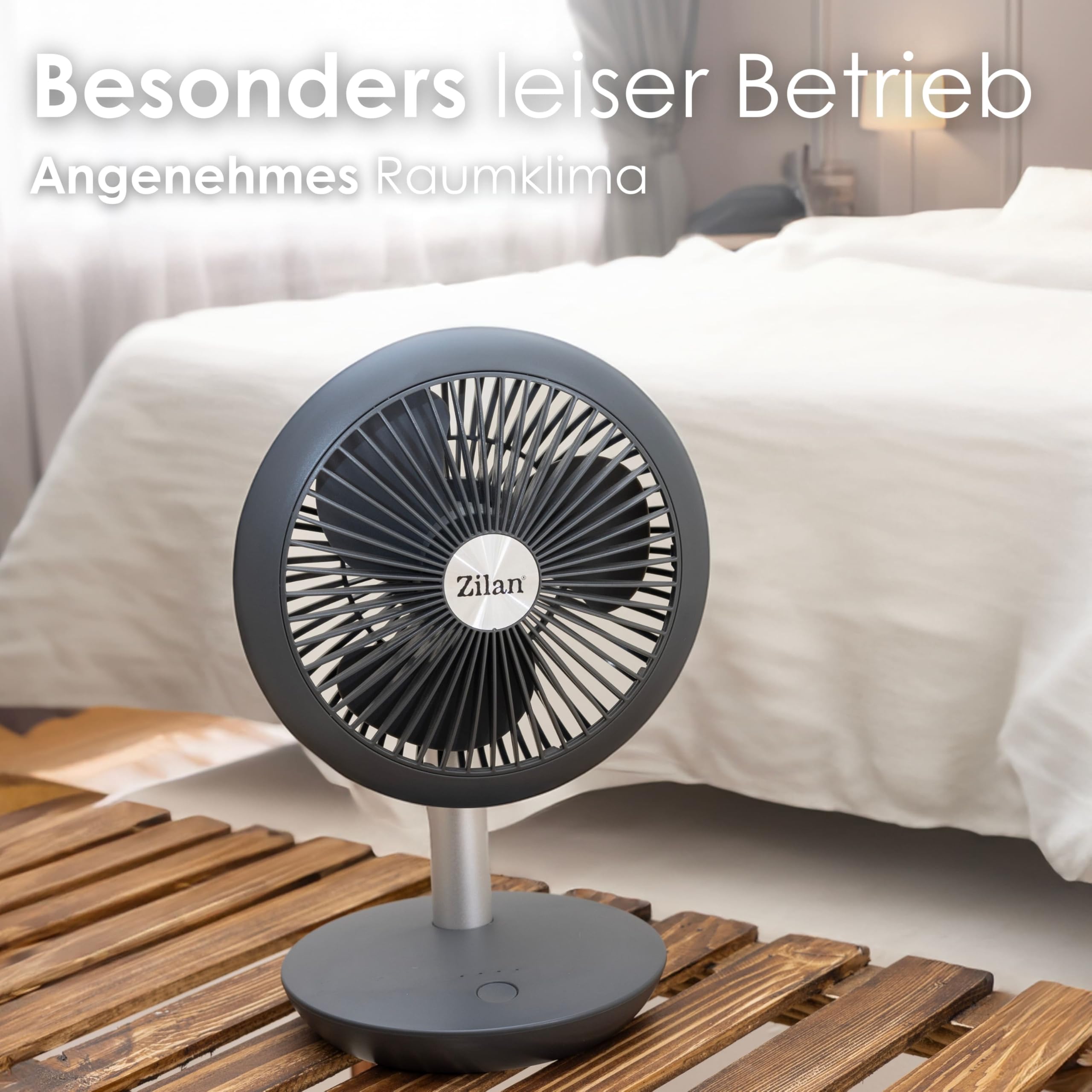 Zilan, Ventilatore da tavolo molto silenzioso, Batteria 4000 mAh | Ventilatore | inclinabile a 90° | Ventilatore da scrivania | Aeratore | Raffreddatore ad aria | 4 livelli, 15h senza fili