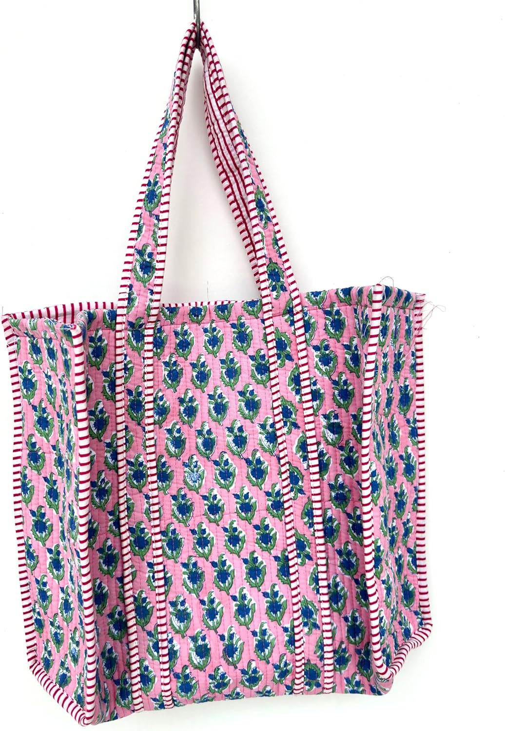 Quilted Cotton Handprinted Reversible Large multicolor Floral Tote Bag,Hand Block Print Shopping Shoulder Carry Bag - Image 5