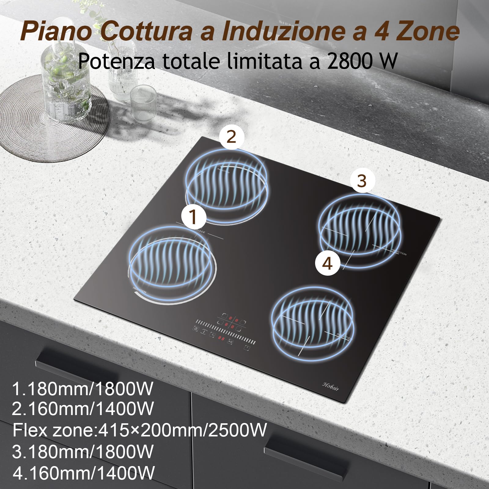 Hobsir Piano Cottura a Induzione con Spina, Piano Cottura Induzione 4 Fuochi, 3500W, Piano Cottura da Incasso Con Zona Flex, Blocco per Bambini, Comando Touch a Scorrimento