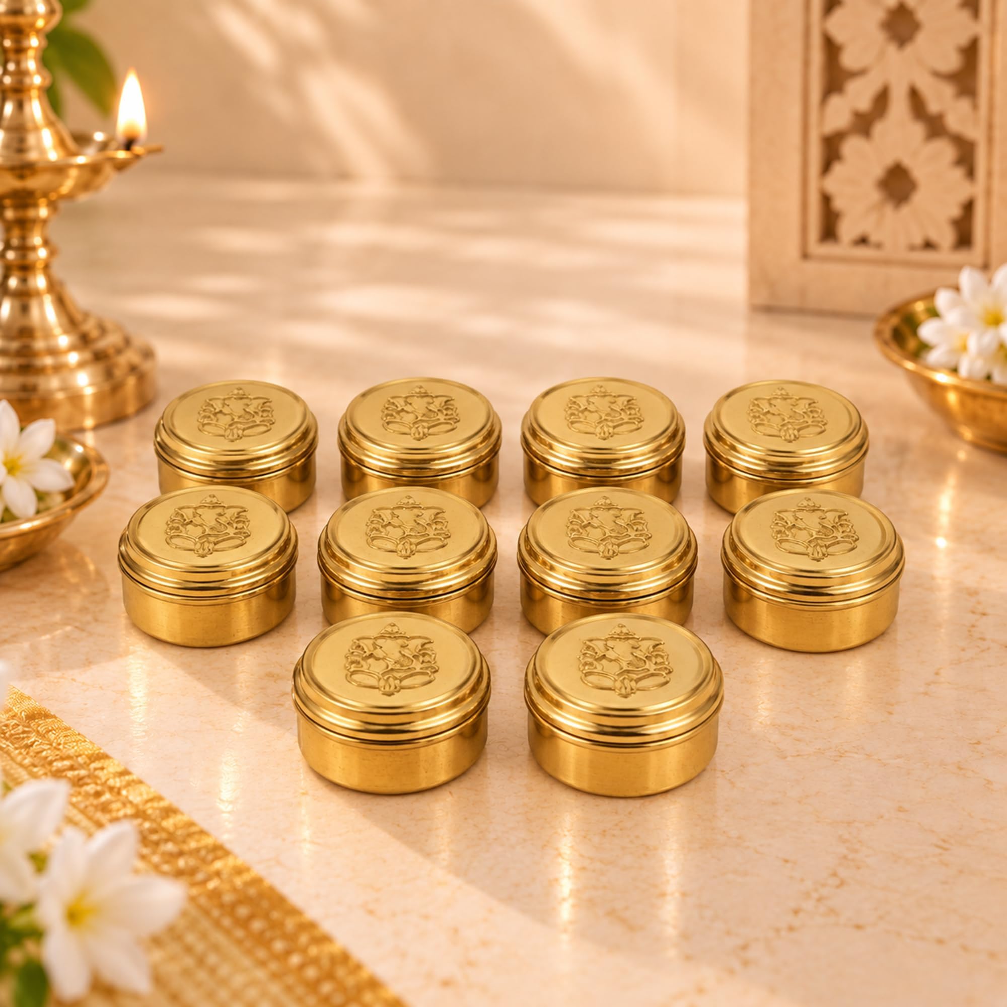 Spillbox Brass Kumkum Box for Return Gift|Haldi Kumkum Holder|Brass Sindoor Box with Lid | Traditional Sindur Dani Box for Pooja, Wedding Return Gifts & Festive Gifting -Small Dabbi pack of 10