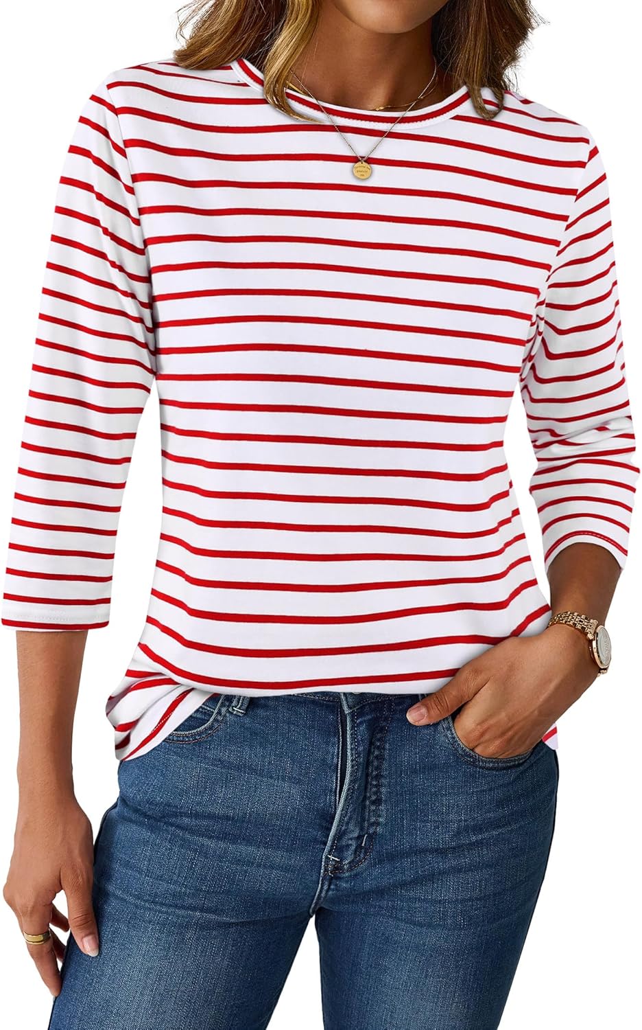 LilyCoco Womens 3/4 Length Sleeve Tops Striped Boatneck Shirt Breton French Cotton Tees - Image 3