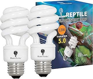 2 Pack 13-Watt Reptile Bulb Tropical UVA UVB Light - 5.0 UVB Reptile Light Compact Florescent Terrarium Bulb Suitable for Tropical & Sub-Tropical Reptiles Chameleons Reptile CFL UVB Bulb (13Watt 5.0)