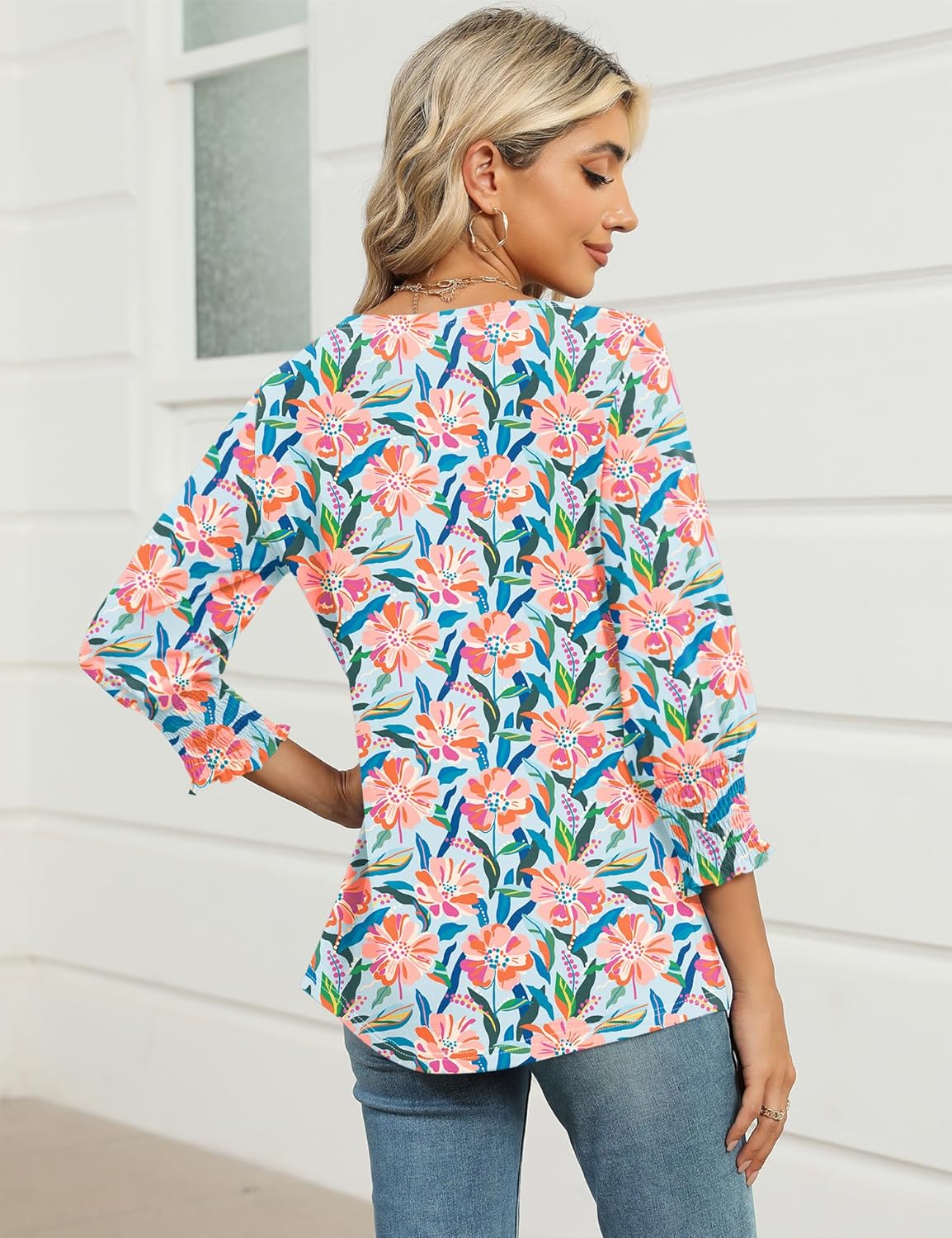 IECCP 3/4 Length Sleeve Womens Tops Summer 2026 Fashion Trendy Boat Crew Neck Smocked Work Dressy Casual T Shirt Blouses - Image 5