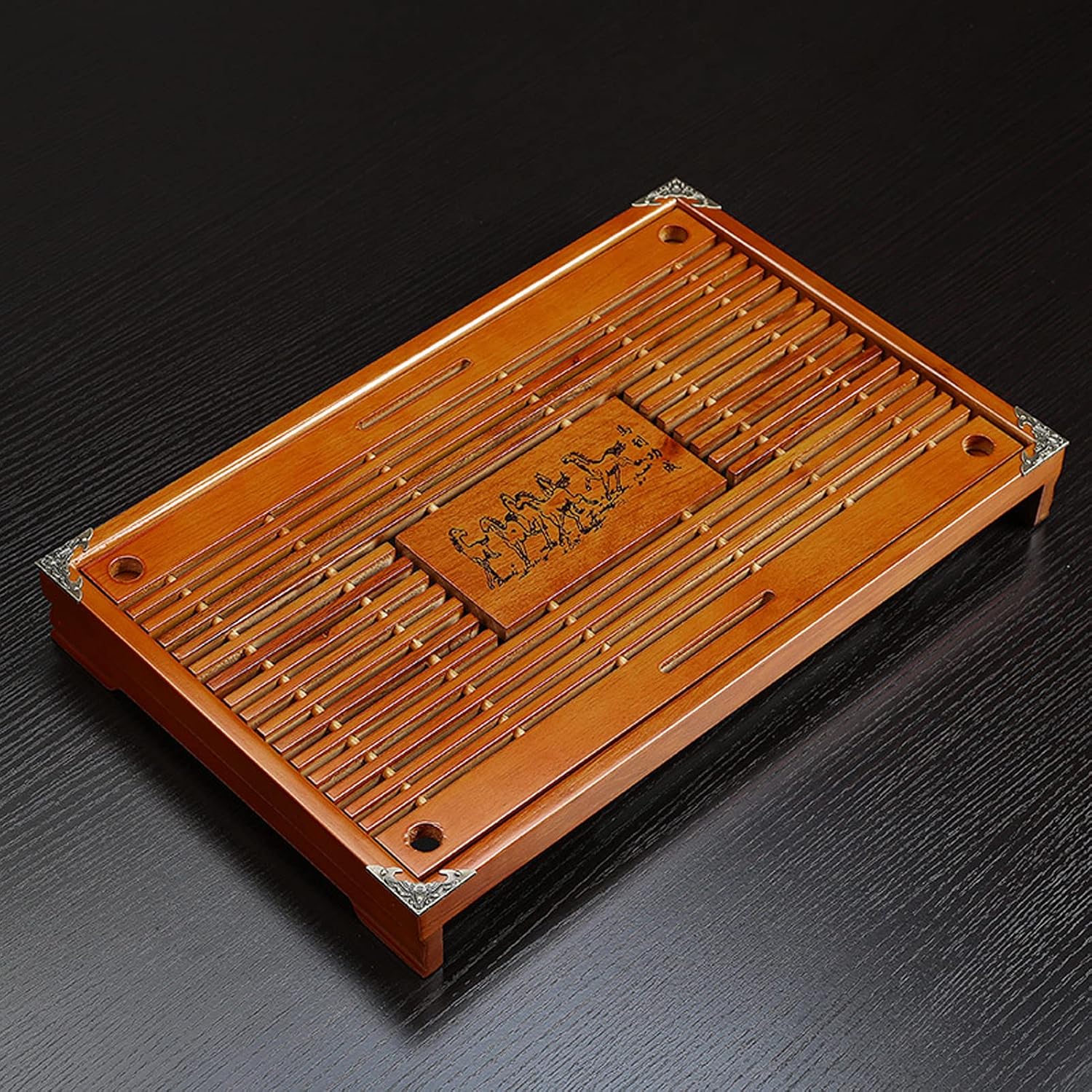 Simple Tea Tray Drawer Type, Wooden Material with Easy Tea Drainage, Large Capacity for Home Gongfu Tea Table Set, Includes Drainage Pipe and (Orange and Yellow)