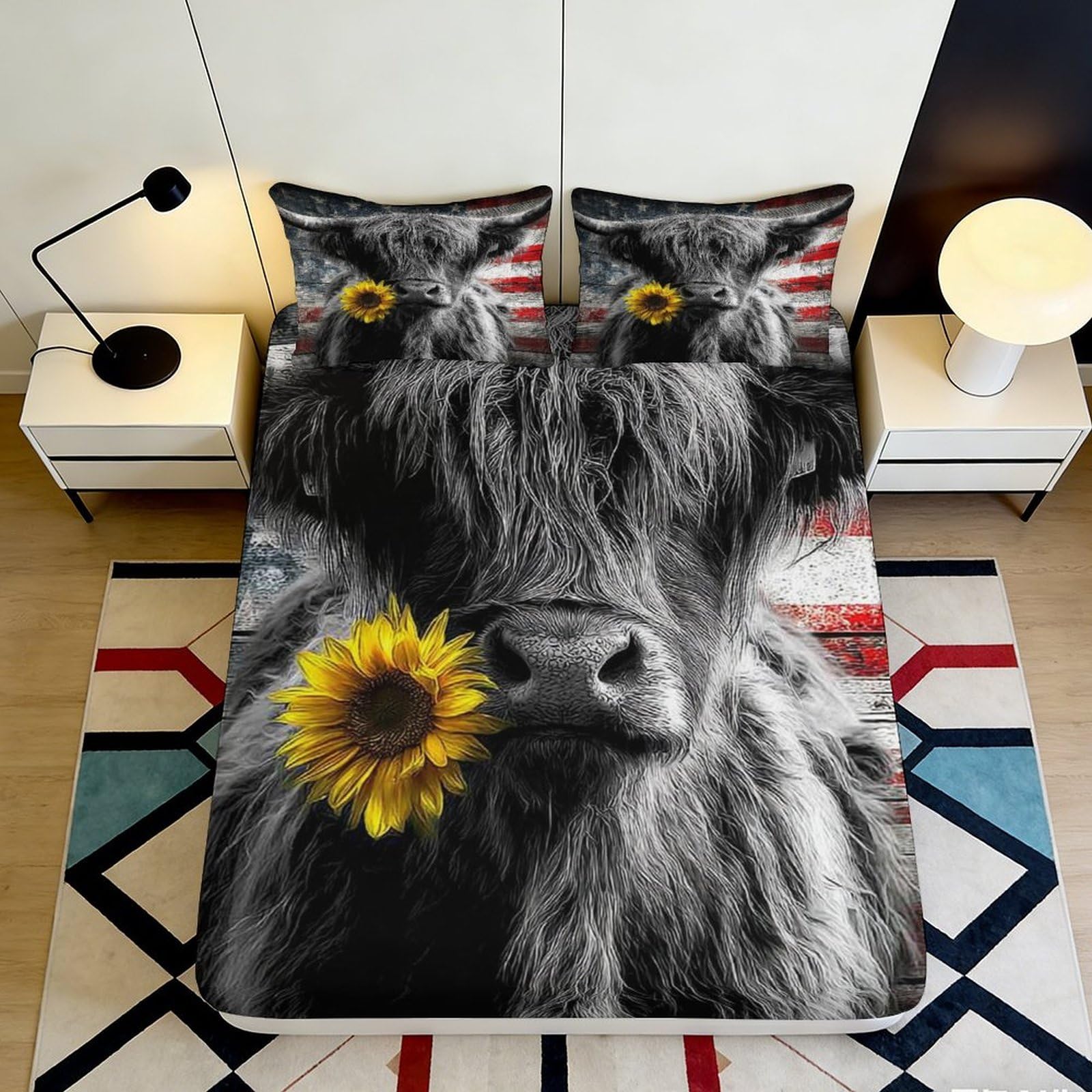 3D Printed Highland Cow Sunflower Fitted Sheet Microfiber Soft Breathable Bed Cover for Bedroom Dorm Décor Mattress Protection 160x200x25cm