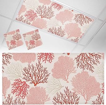Yukro 2 Pack Fluorescent Light Covers Coastal Ocean Coral Red Pink Theme Pattern Magnetic Light Covers Fluorescent Ceiling Shade Filters for Classroom Office School Home 4 x 2 Feet