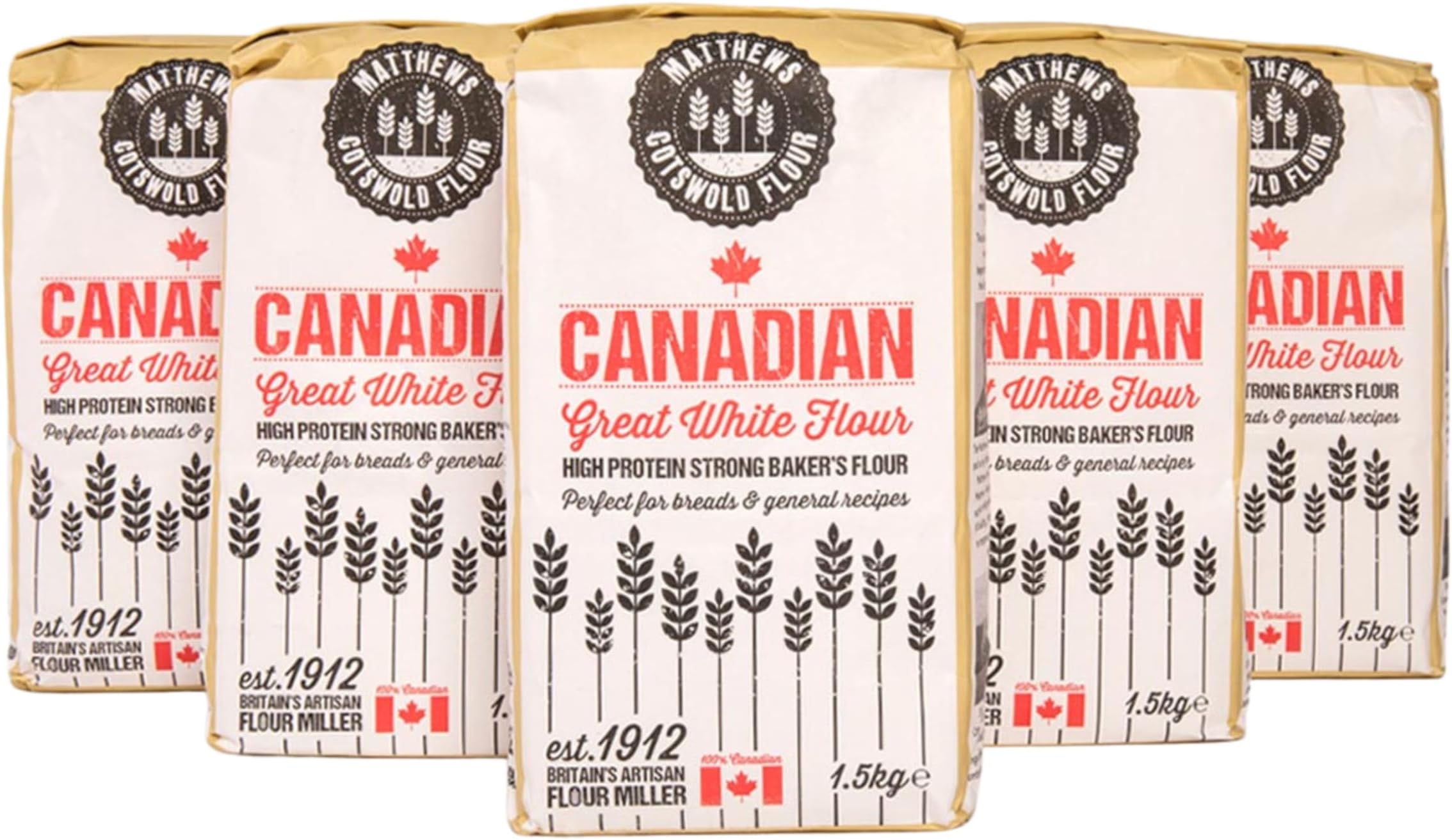 Matthews Cotswold Flour 100% Canadian Great White Flour - 1.5kg Bag (Pack of 5)