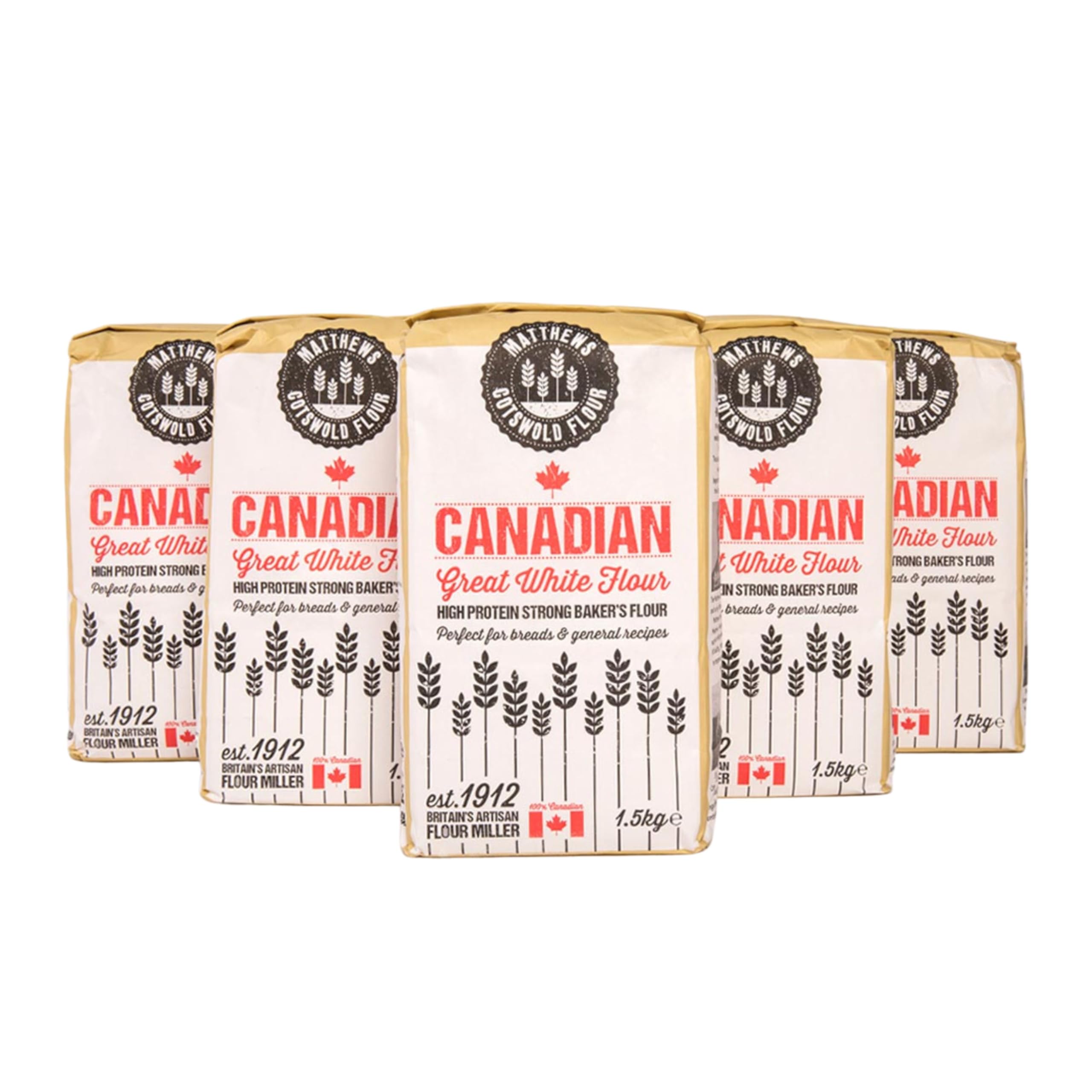 Matthews Cotswold Flour 100% Canadian Great White Flour - 1.5kg Bag (Pack of 5)