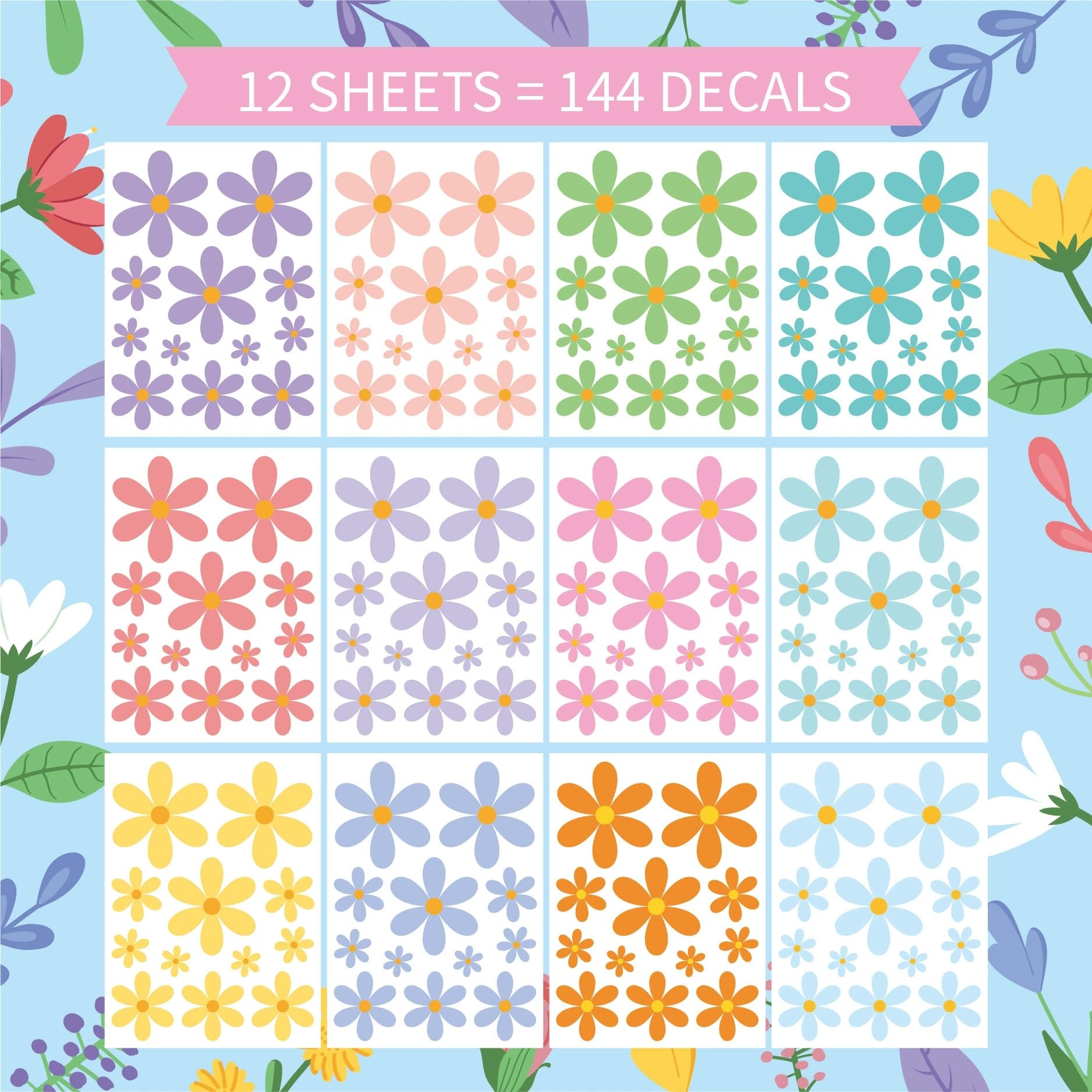 12Sheets Color Boho Daisy Flower Wall Art Decals,Cartoon Retro Small Fresh Floral Wall Stickers for Baby Boys and Girls Bedroom Kindergarten Classroom Nursery Living Room Home Party DIY Decor - Image 3