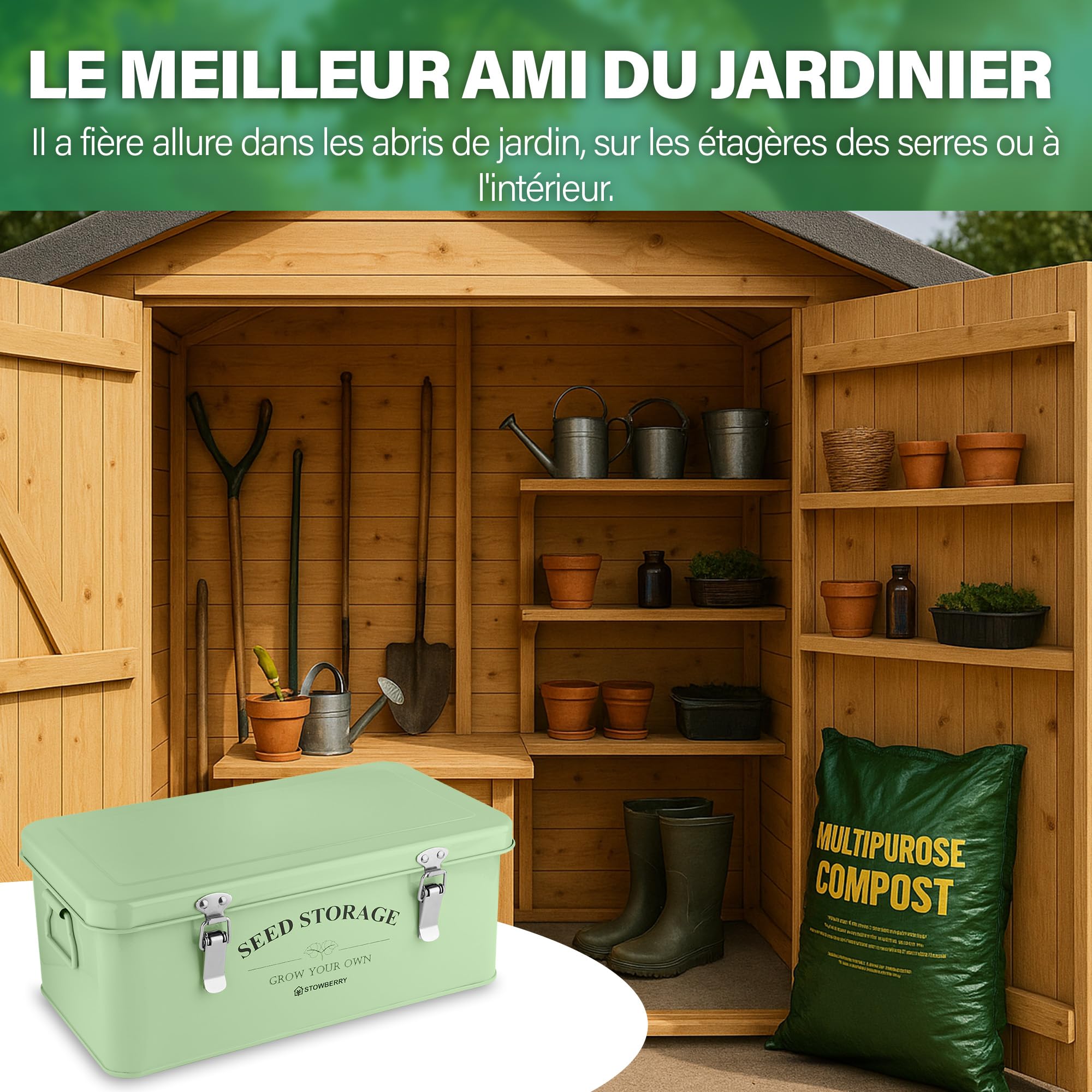 Boîte de Rangement pour Graines – Boîte à Graines Verte avec Couvercle, Poignées Latérales, 4 Compartiments et Fermeture de Sécurité – Boîte à Graines pour Jardiniers – Idée Cadeau Jardinage