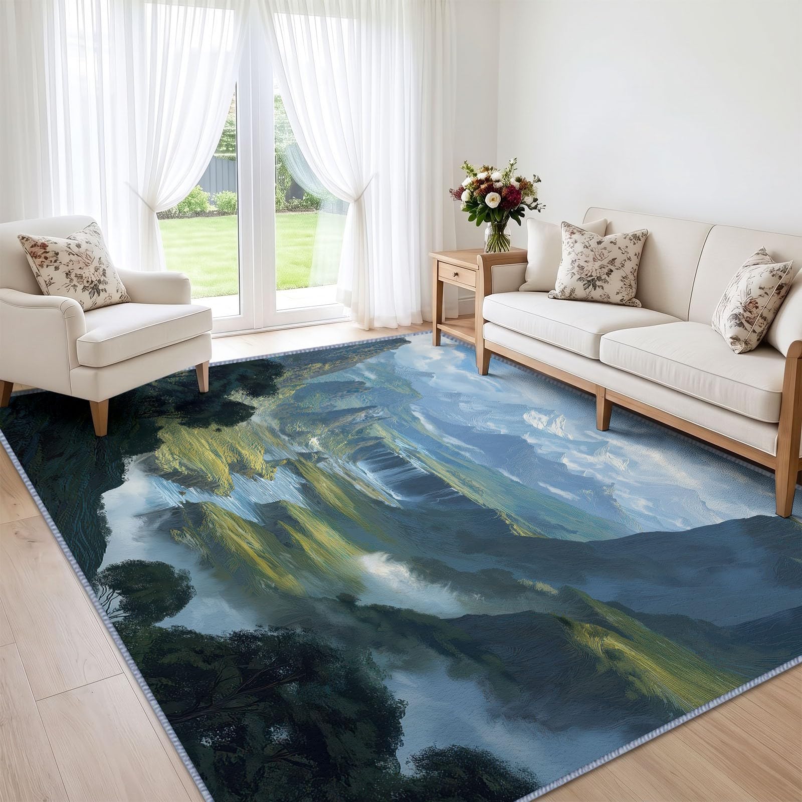 Alfombra lavable de 140 x 200 cm antideslizante y mullida con diseño de paisaje natural