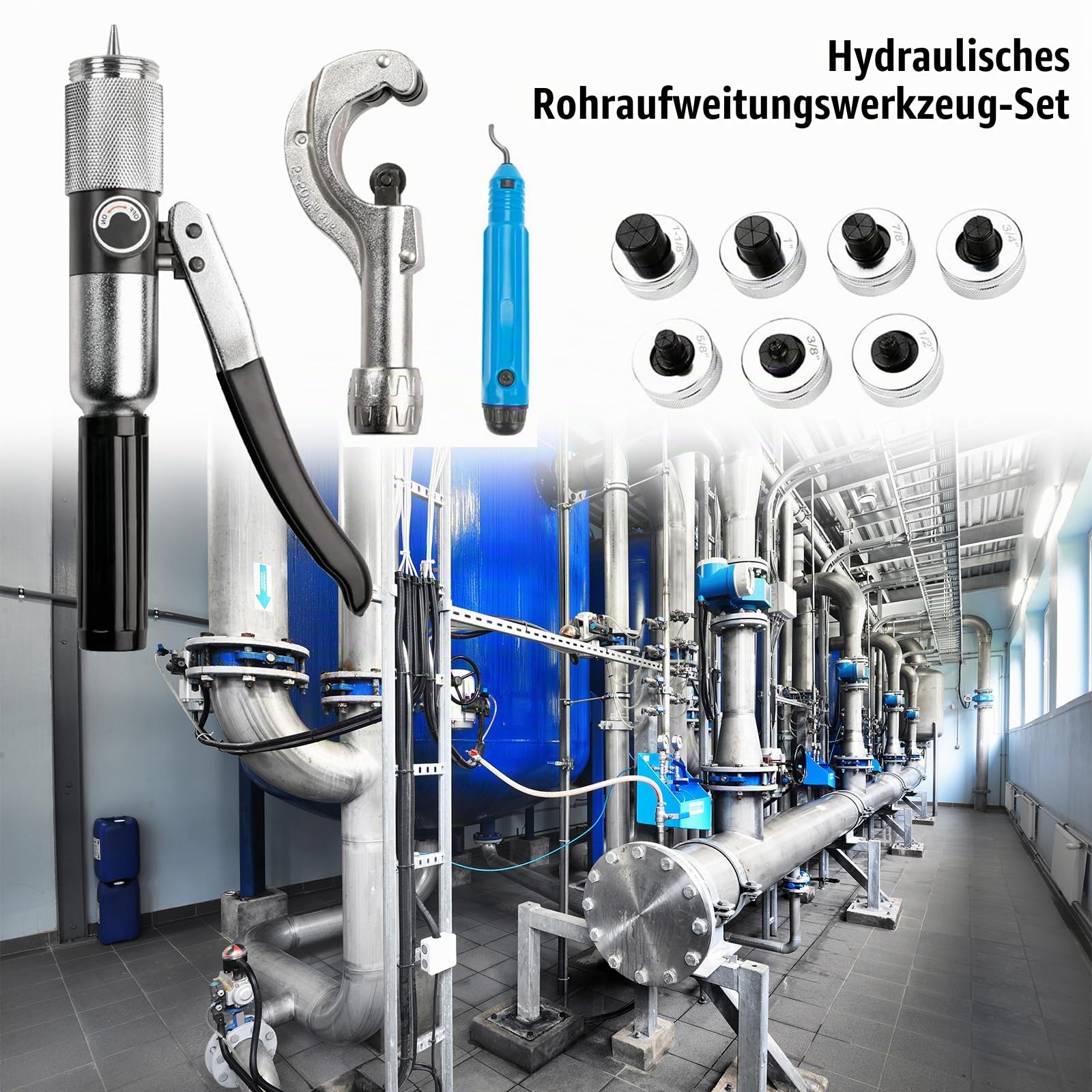 Hydraulischer Rohraufweiter, Hydraulisches Rohrpresswerkzeugset Mit Rohrschneider Entgratungswerkzeug Und 7 AufweiterköPfen Für 3/8 Bis 1-1/8 Zoll Kupferrohre Hvac-Aufweiterwerkzeuge (3/8“~1-1/8“)