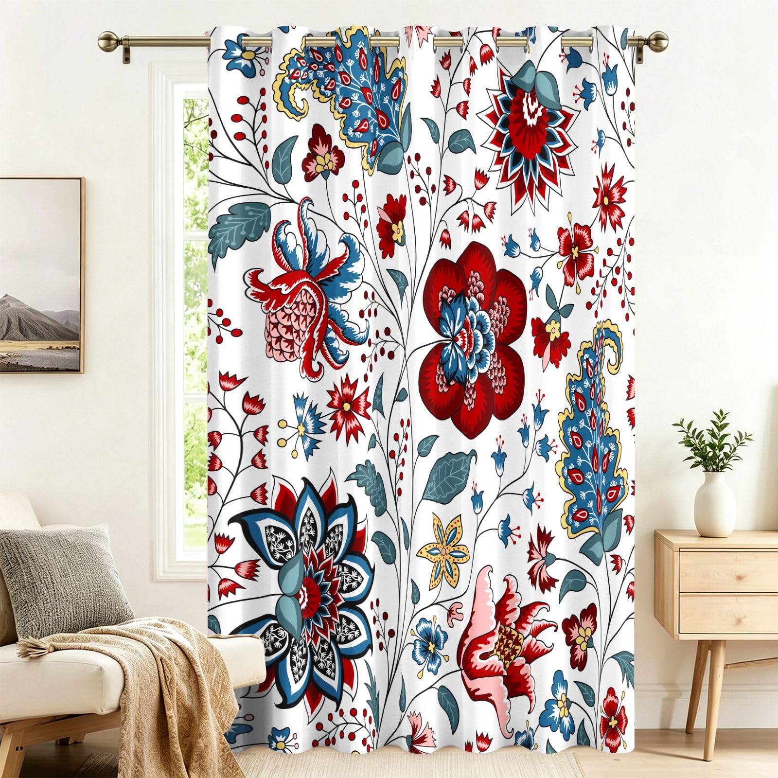 Fadaing Vintage Printed Floral Print Blackout Curtains with Eyelets, 1 Piece, Extra Wide Living Room Door Curtain, 183 x 132 cm Privacy Screen, Opaque, Patterned Against Heat, Darkening Room Divider