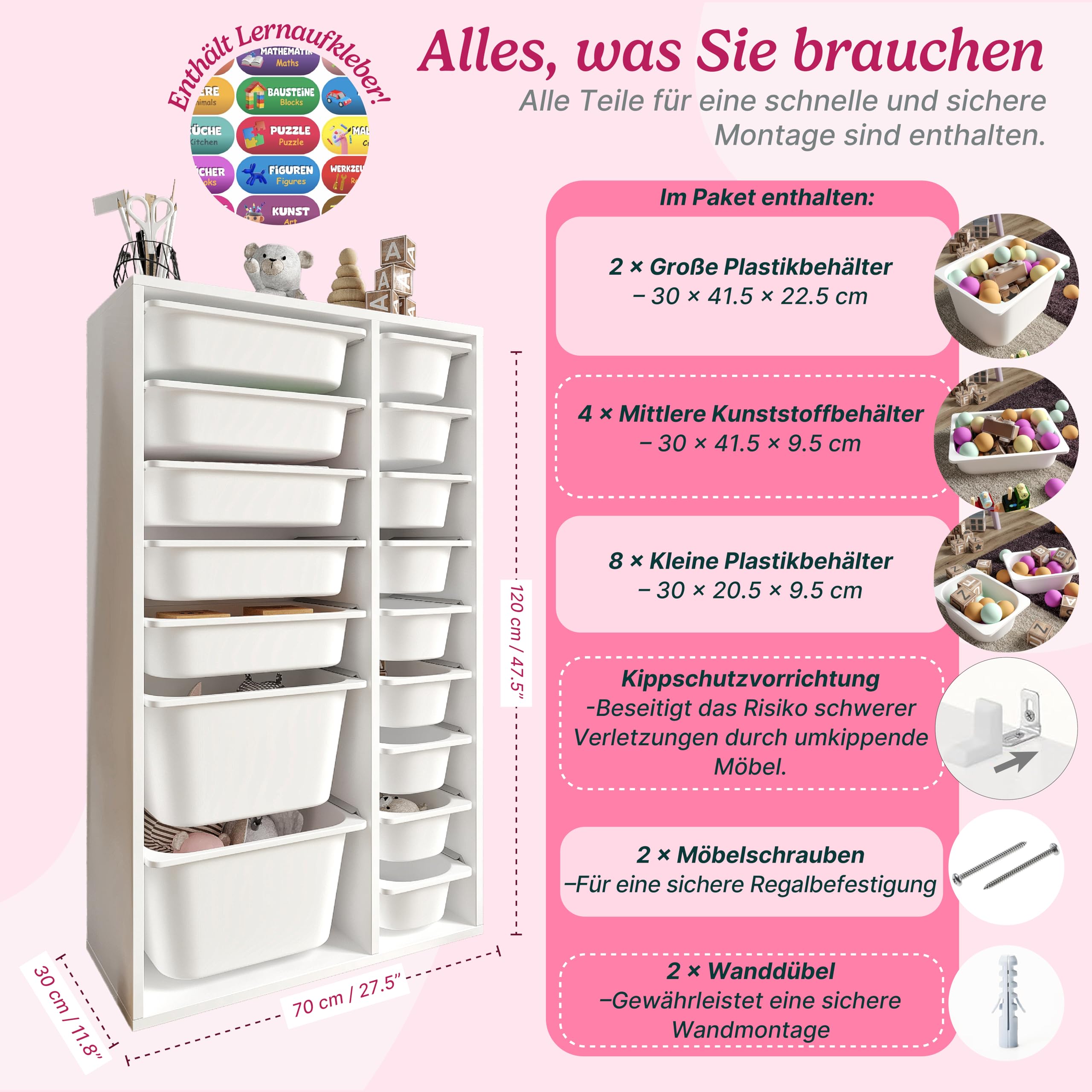 LEOKIDS Spielzeugaufbewahrung mit 16 Boxen – Kinderregal Spielzeugschrank Organizer Weiß MDF